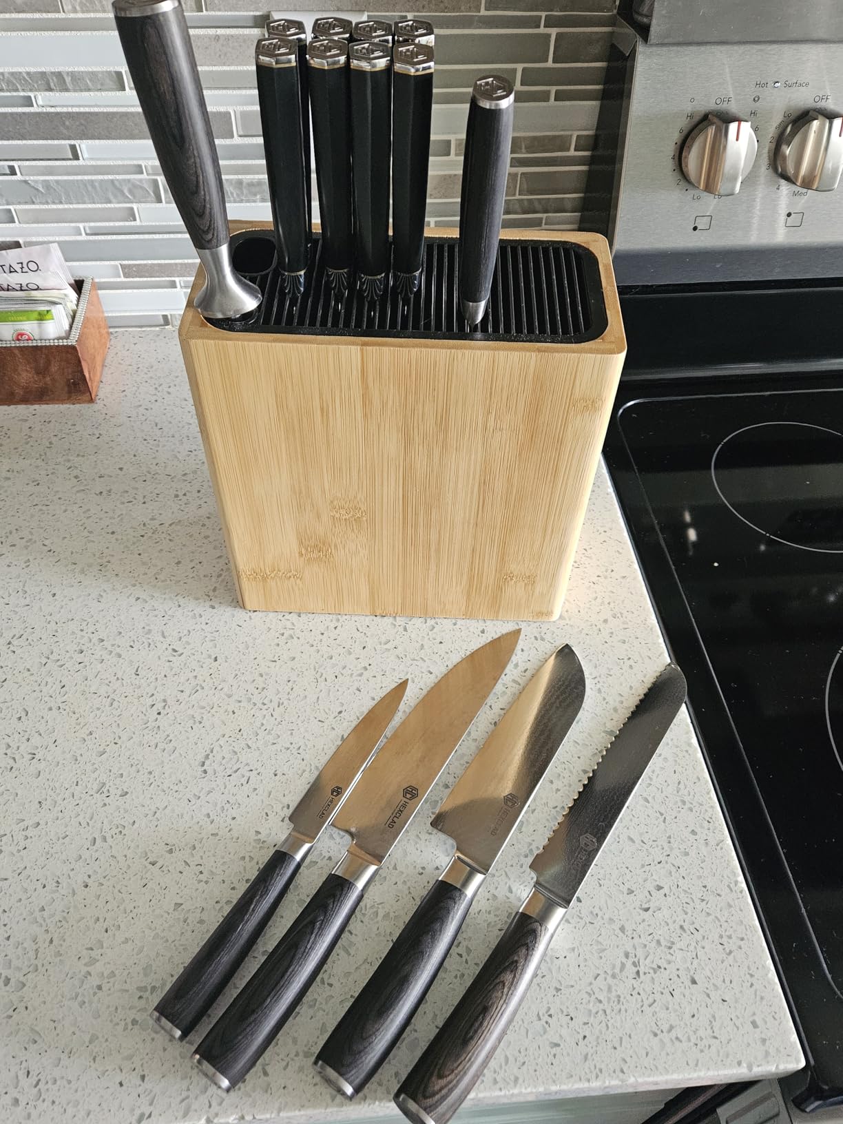 KITCHENDAO XL Bamboo Universal Knife Block Holder with Slots for Scissors and Sharpening Rod, Safe, Space Saver Knives Storage Stand Display without Knives, Unique Slot Design to Protect Blade customer photo 2