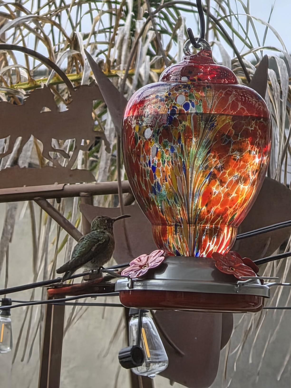 WOSIBO Hummingbird Feeder for Outdoors Patio Large 32 Ounces Colorful Hand Blown Glass Hummingbird Feeder with Ant Moat Hanging Hook, Rope, Brush and Service Card (RED-Firework) customer photo 2