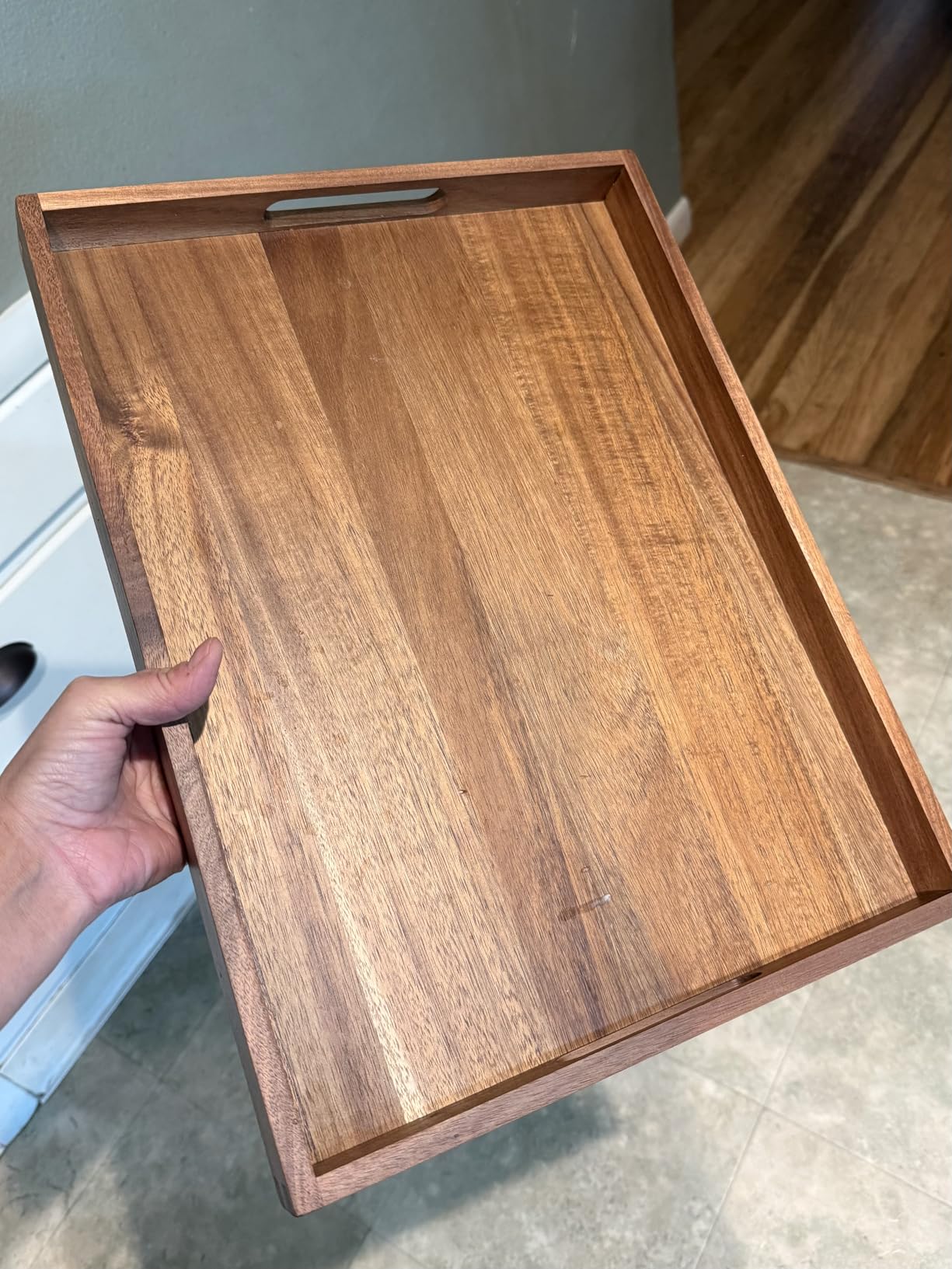 Acacia Wood Serving Tray with Handles (17 Inches) – Decorative Serving Trays Platter for Breakfast in Bed, Lunch, Dinner, Appetizers, Patio, Ottoman, Coffee Table, BBQ, Party –Great for Lap &Couch customer photo 2