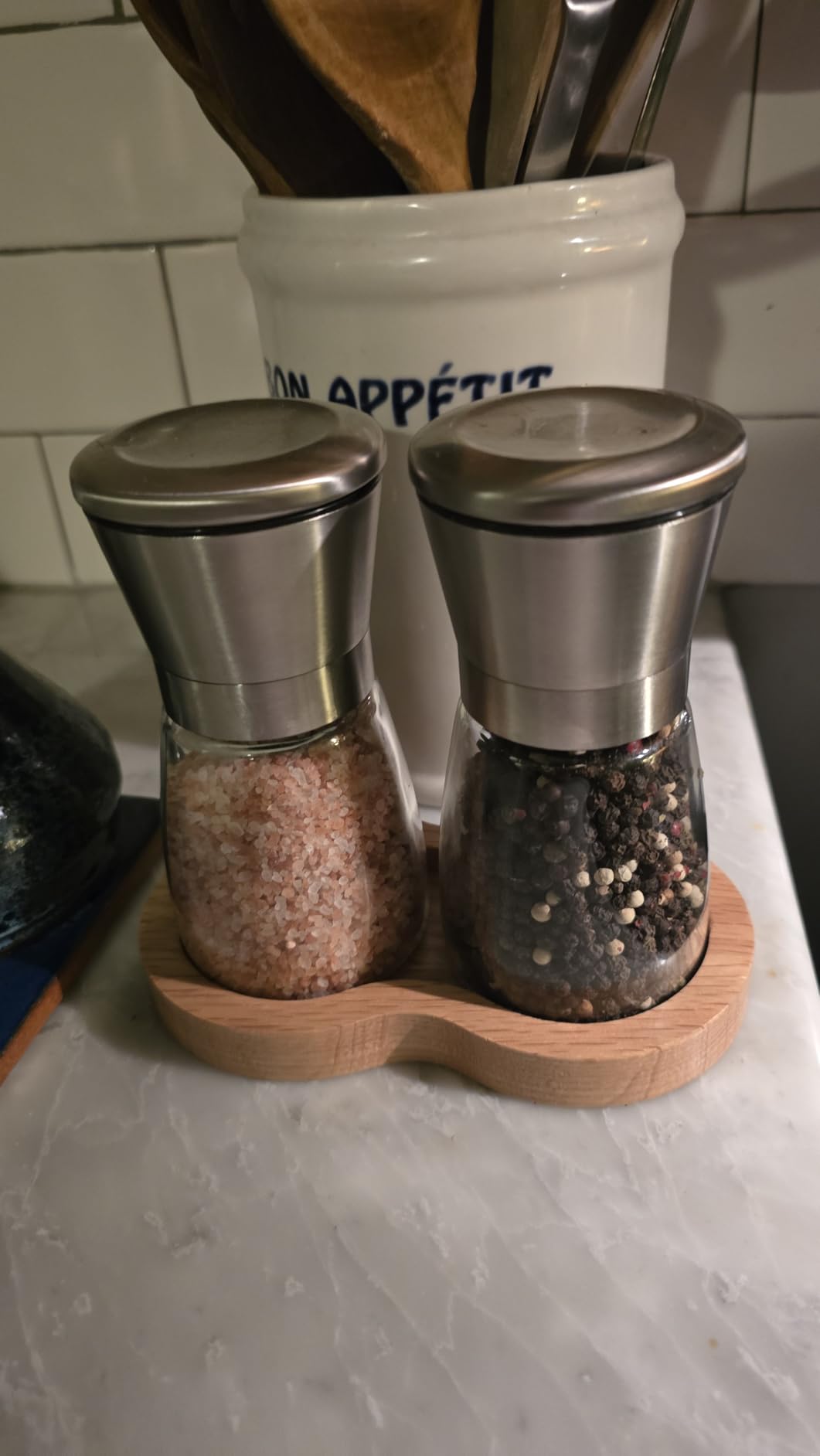 LessMo Salt and Pepper Grinder Set with Wooden Standing Tray, Refillable Pepper Mill Set - Brushed Stainless Steel - Short Glass Shakers with Adjustable Coarseness for Peppercorn, Salt or Spice Mills customer photo 2