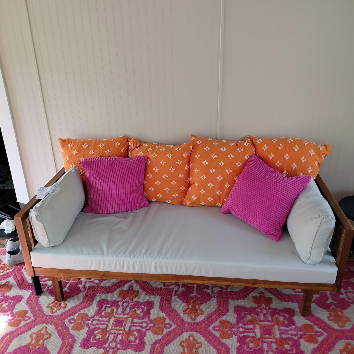 Christopher Knight Home Tina Outdoor 3 Seater Acacia Wood Daybed, Teak Finish, Light Grey customer photo 1