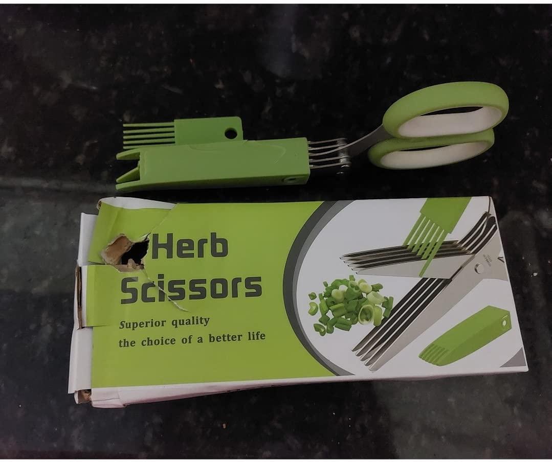 5-Blade Herb Cutter Scissors with Safety Cover, Cleaning Comb - Green customer photo 2