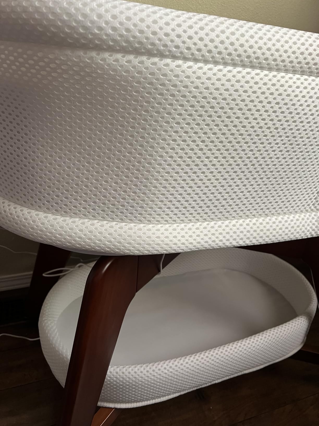 TruBliss Evi Smart Baby Bassinet Beside Sleeper with Auto-Glide, Ambient Nightlight & Sensory Sounds, Compatible with Alexa and Google Home, Includes 2 Sheets (Soft White w/Espresso Legs) customer photo 1