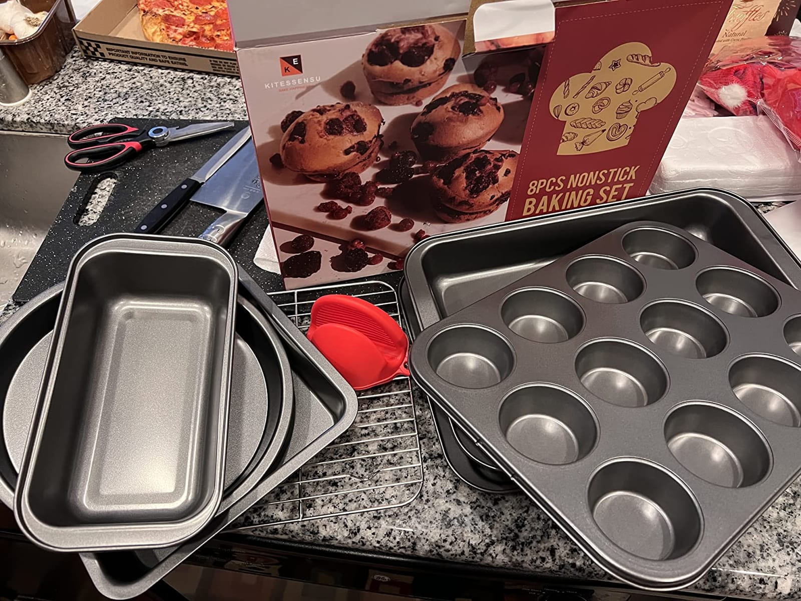 KITESSENSU Compact Baking Pans Sets, Nonstick Bakeware Sets 19-Piece with Round/Square Cake Pan, Loaf Pan, Muffin Pan, Cookie Sheet, Roast Pan, Cooling Rack, Carbon Steel Bake Set customer photo 1