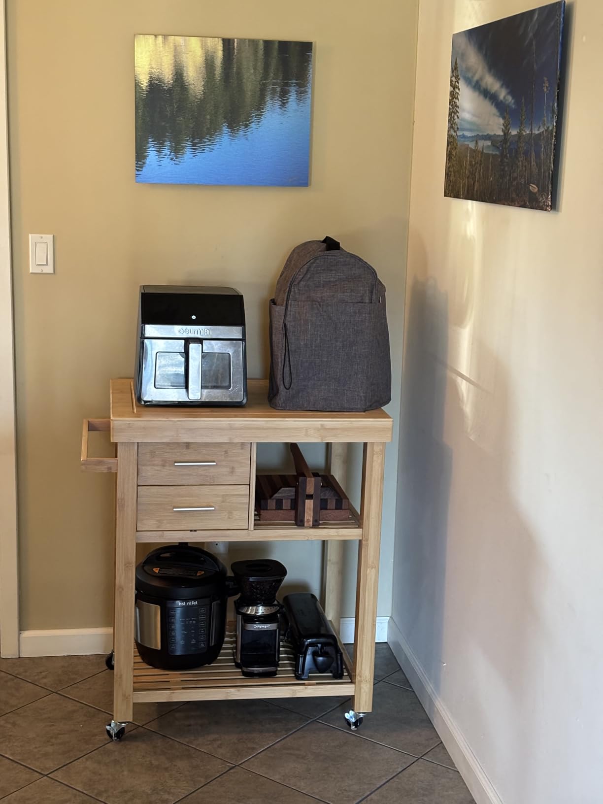 Rolling Kitchen Island Cart with Drawers Shelves, Towel Rack, Locking Casters, Butcher Block Food Prepping Cart Trolley on Wheels, Bamboo Wood customer photo 1