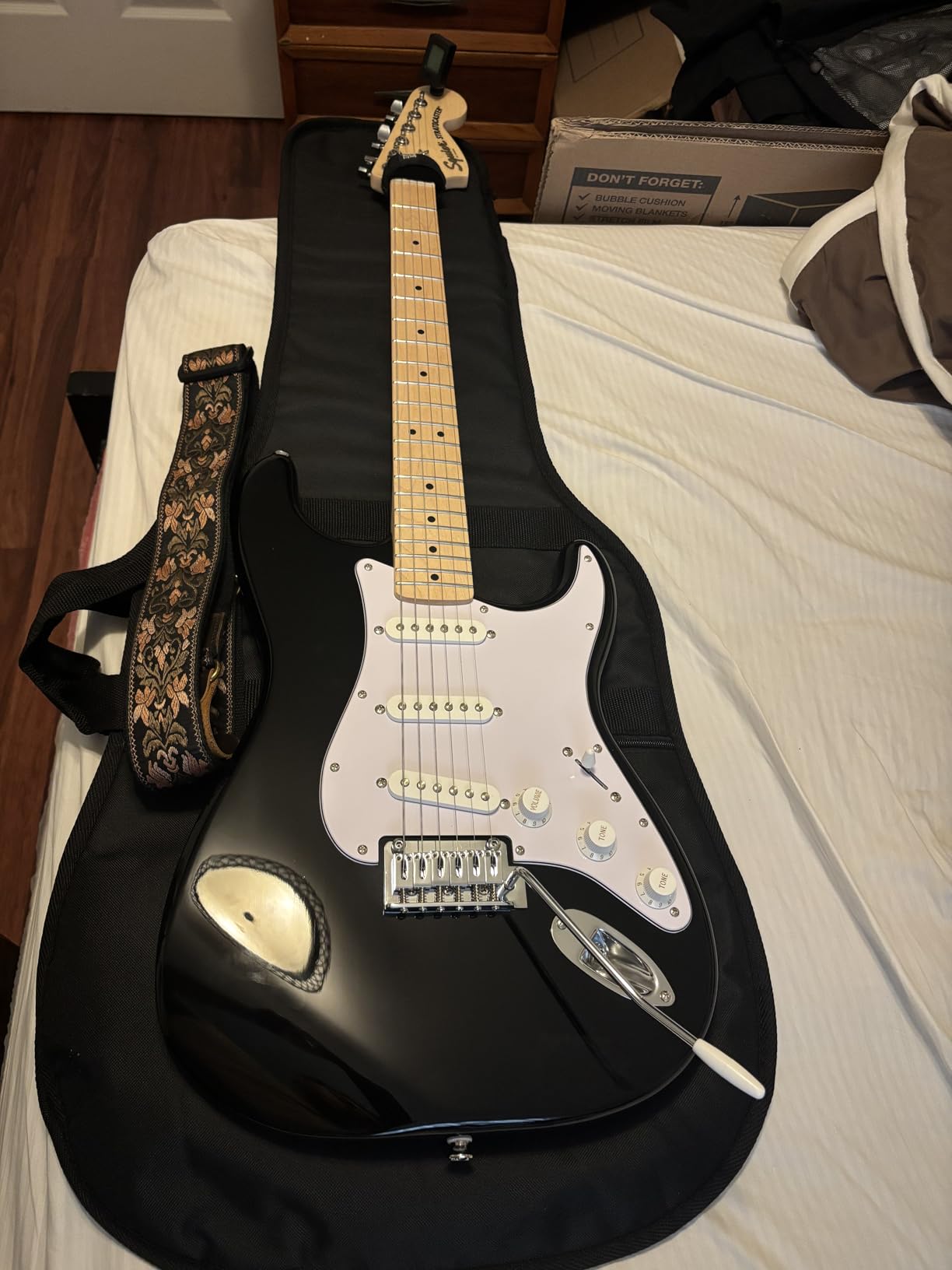 Squier Affinity Stratocaster Electric Guitar, Maple Fingerboard, Black | Ideal starter electric guitar, Fender-designed Strat pickups, slim C-shape neck, 2-year warranty, affordable Stratocaster customer photo 1