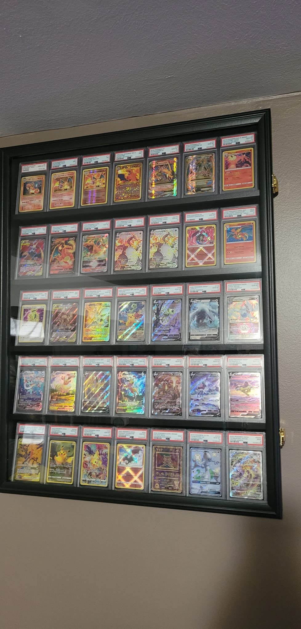 35 Graded Sports Card wall-Mounted Display case for Shows, Black | Matte black wooden frame, UV anti-yellow acrylic panel, lockable design, hockproof foam packaging, for vendor card customer photo 1