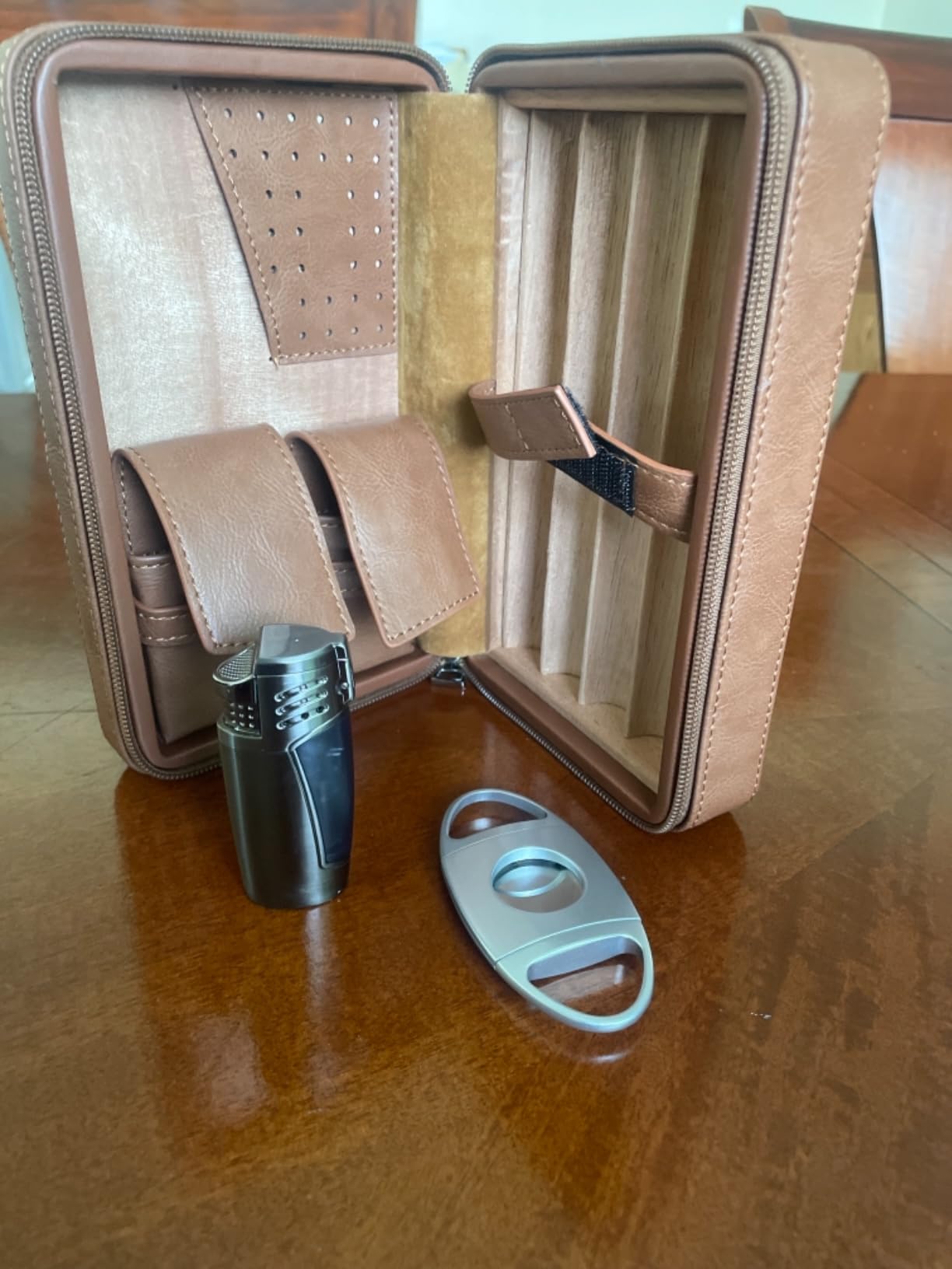 Cigar Travel Humidor, Cedar Wood Leather Cigar Case with Cigar Accessories Gift Set, Brown customer photo 1