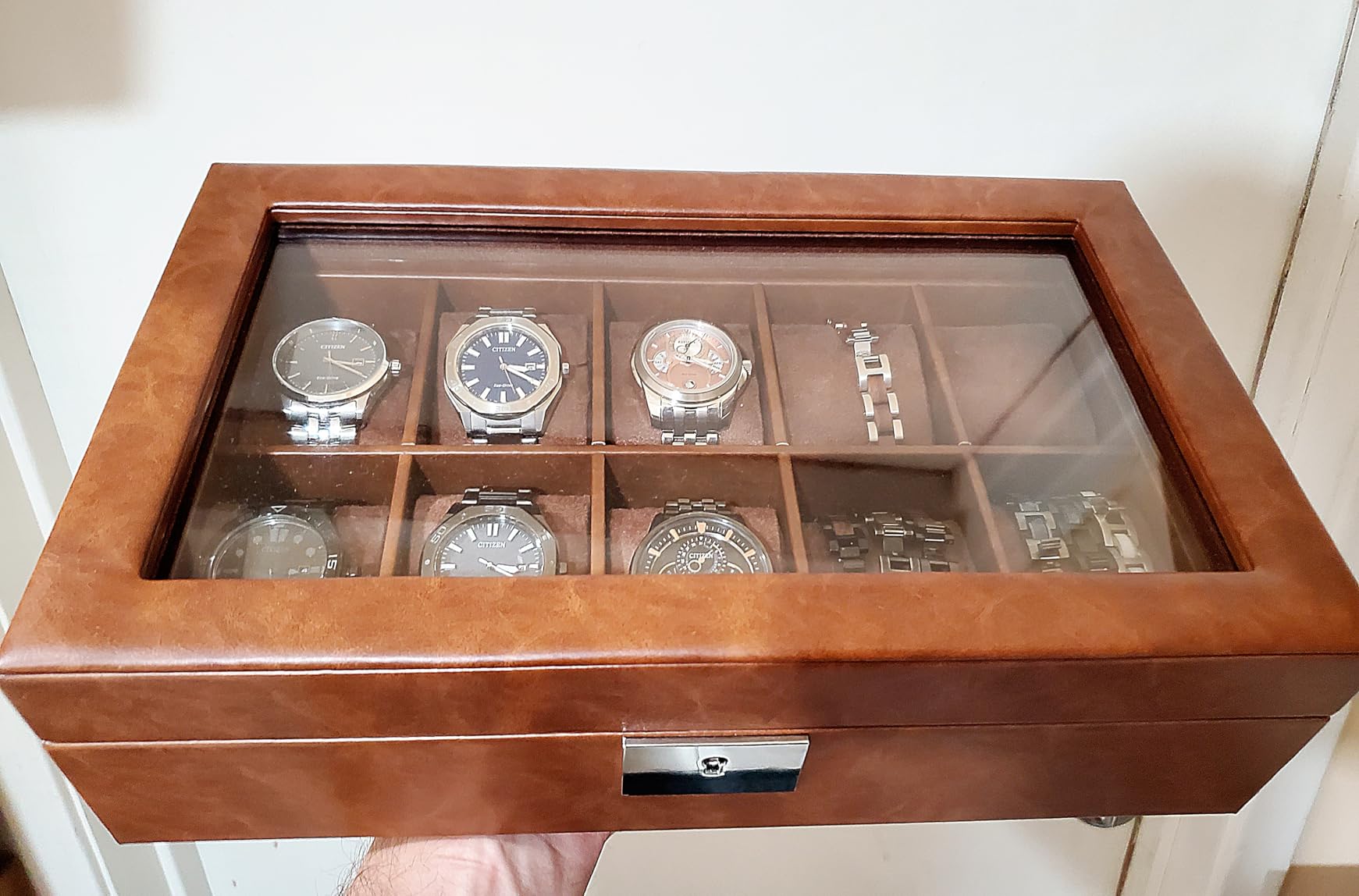 ROTHWELL 10 Slot Leather Watch Box - Luxury Case Display Jewelry Organizer - Locking Watch Display Case Holder with Large Glass Top - Box Organizer for Men and Women (Green/Tan) customer photo 2