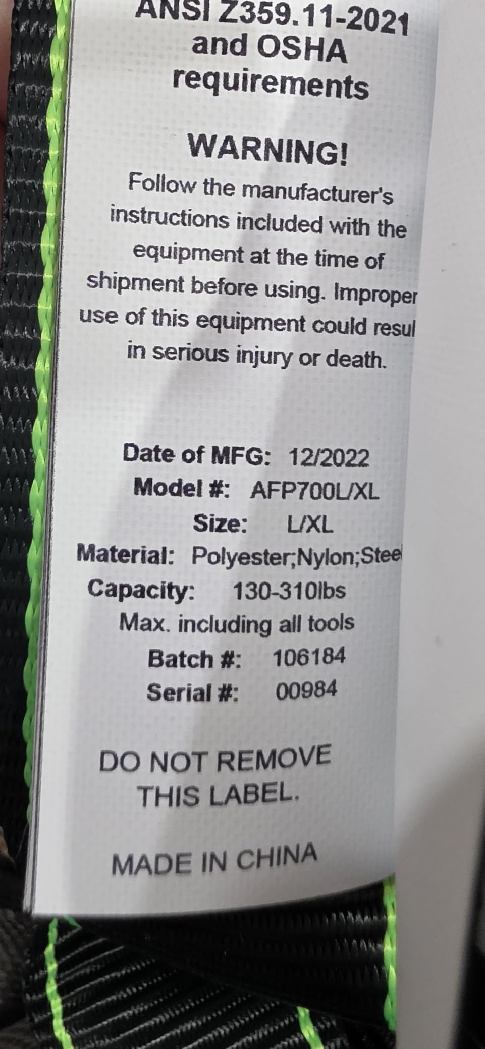 AFP Full-Body Fall-Arrest Harness with 8-Inch Support Belt customer photo 2