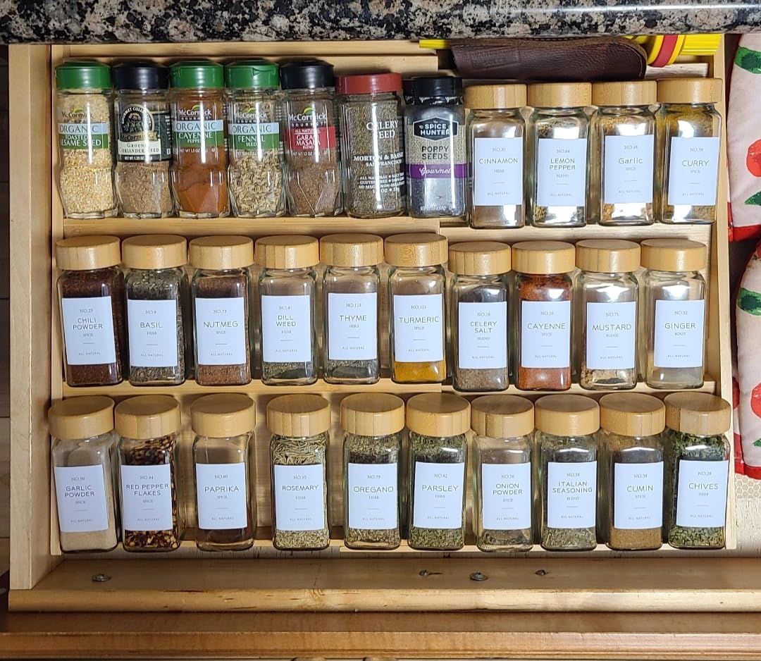 NETANY 24 Pcs Glass Spice Jars with Bamboo Lids, 4 oz Glass Jars with Minimalist Farmhouse Spice Labels Stickers, Collapsible Funnel, Seasoning Storage Bottles for Spice Rack, Cabinet, Drawer customer photo 2