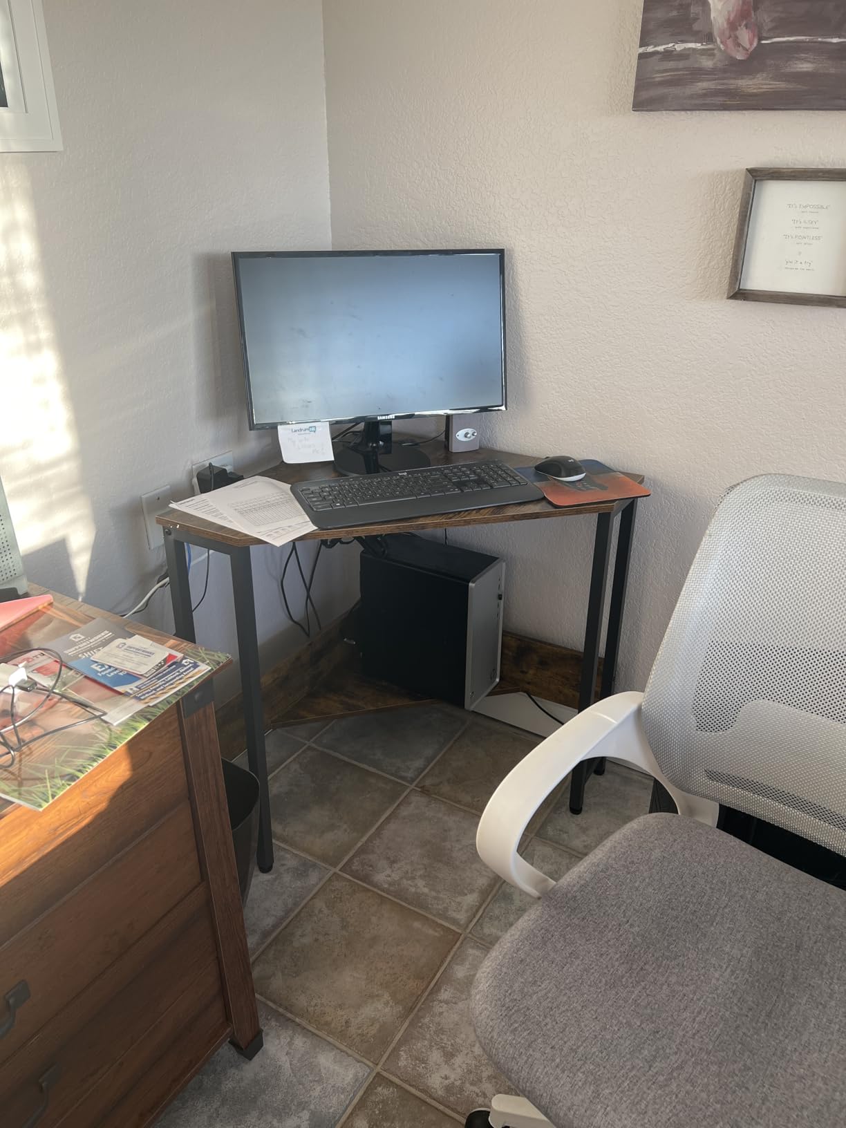 Armocity Corner Small Desk with Outlets Corner Table for Small Space Industrial Computer Desk with USB Ports Triangle Desk with Storage for Home Office, Workstation, Living Room, Bedroom, Rustic customer photo 1