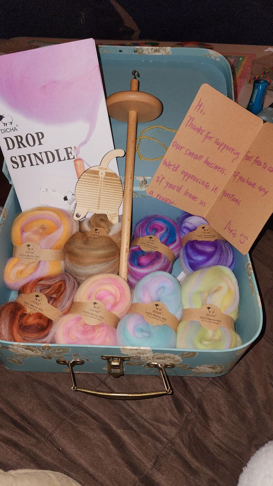DICHA 3 Inch Drop Spindle Kit- High Low Whorl Wooden Spindles with 5.6 Oz Merino Wool/Top and Instructions-Weaving Spinning Wheels for Beginners-All in A Gift Box-Perfect Spinner Gifts(MC) customer photo 1