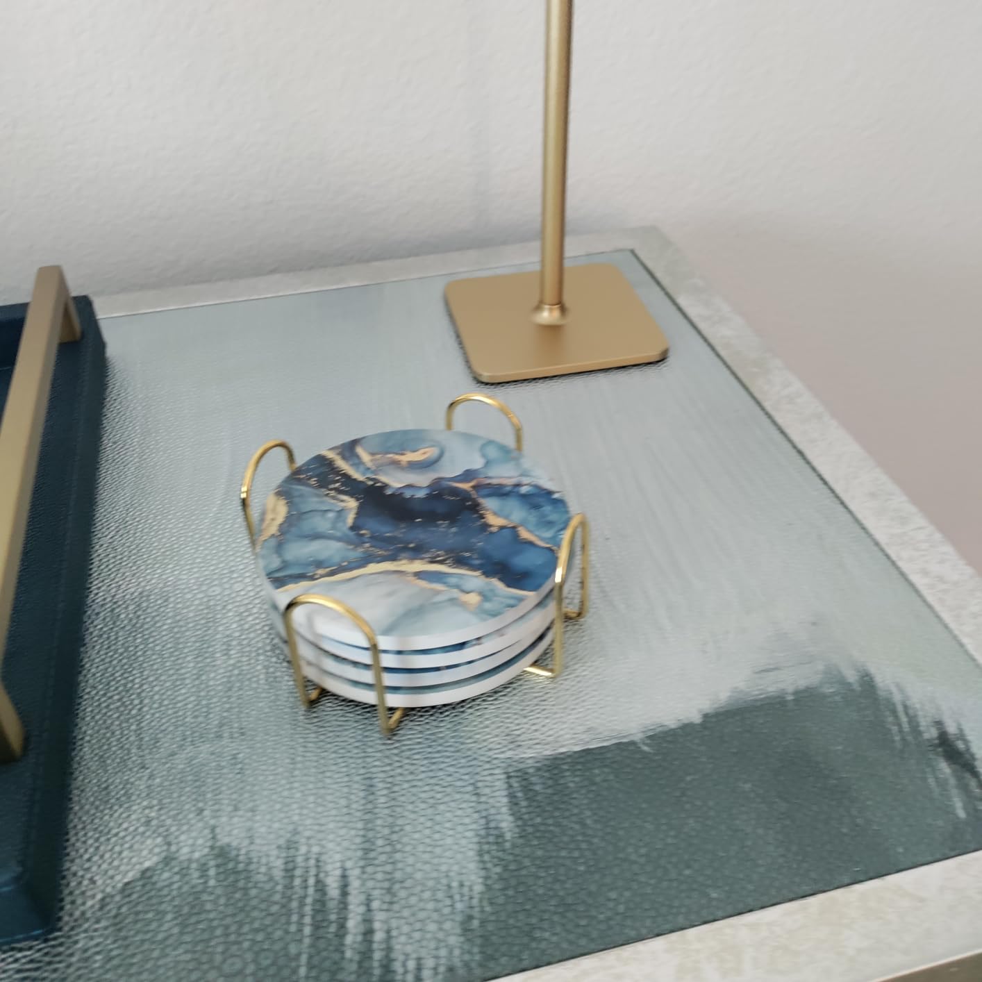 Coasters Set of 6, Navy Blue Marble Abstract Ceramic Coasters with Holder customer photo 1