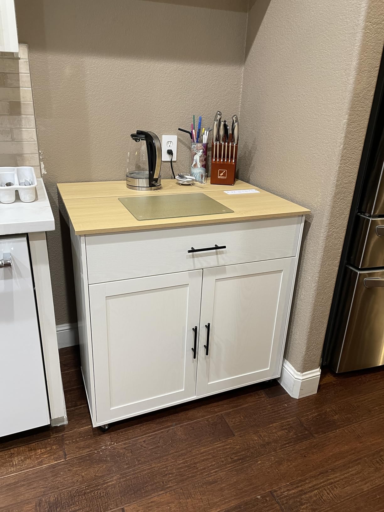 IRONCK Kitchen Island with Storage, Charging Station and Drop Leaf, Black customer photo 1