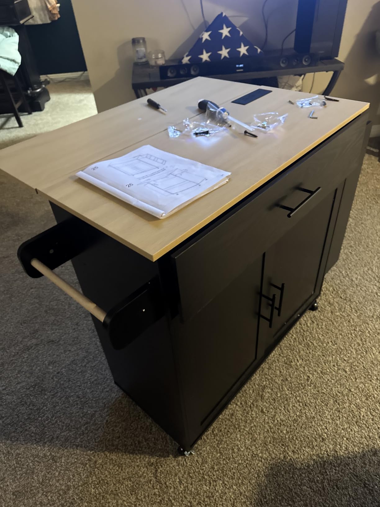 IRONCK Kitchen Island with Storage, Charging Station and Drop Leaf, Black customer photo 2