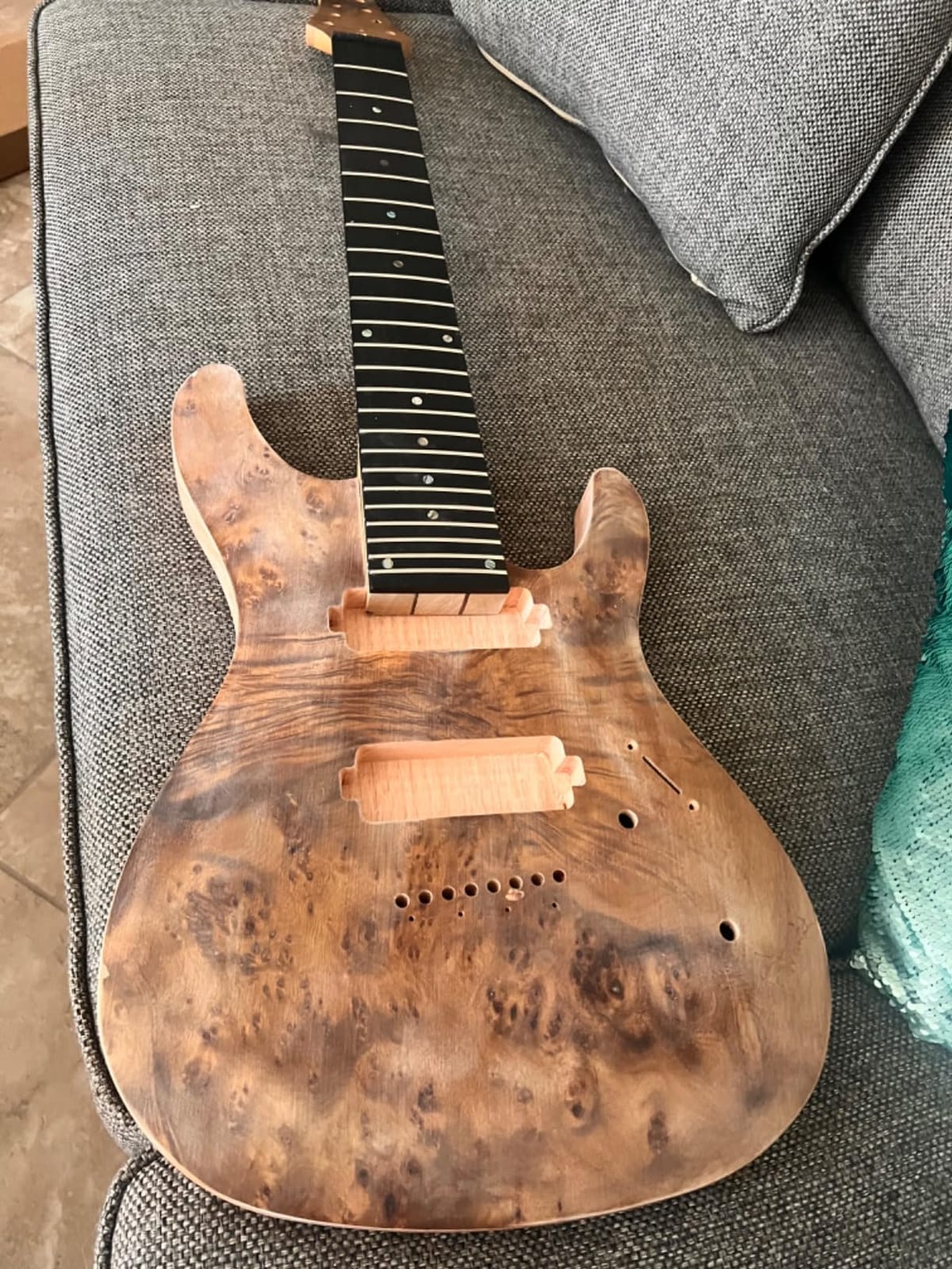 DIY 8 String Electric Guitar Kits Burl poplar veener top okoume Body maple neck & composite ebony fingerboard You Build The Guitar customer photo 2