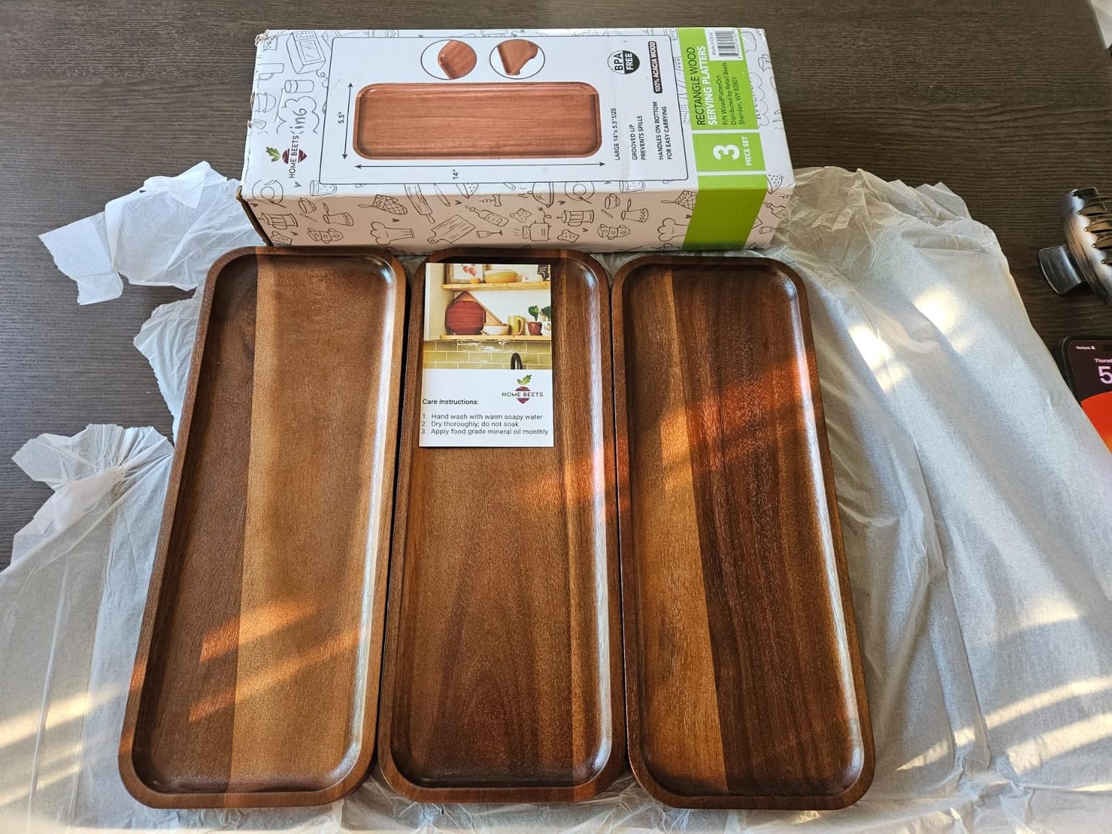 Large Solid Acacia Wood Serving Trays (17 x 6.5 inches) Rectangular Wooden Serving Platters for Home Decor, Food, Vegetables, Fruit, Charcuterie, Appetizer Serving Tray, Cheese Board (Set of 3 Plates) customer photo 1