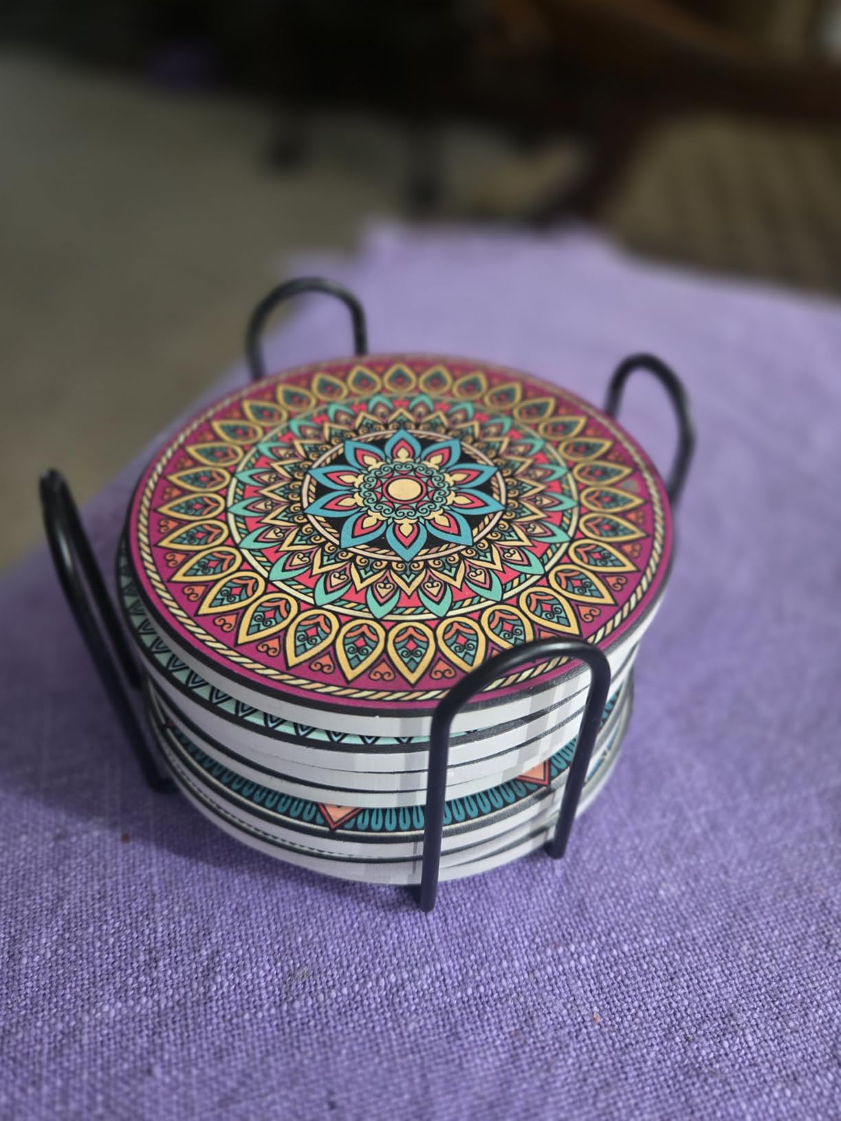Mandala Drink Coasters with Holder - 8 Set Ceramic Boho Coaster for Drinks Absorbent with Cork Base and Black Holder - Coasters for Coffee Table Apartment Wooden Bar Mugs Glasses Cup Beer customer photo 1