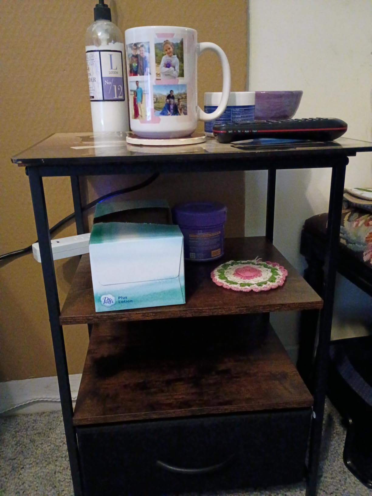 SUPERJARE Nightstand with Charging Station, USB-C Port, Bedside Table with Adjustable Fabric Drawer, 3-Tier Storage End Table, Rustic Brown & Black customer photo 1