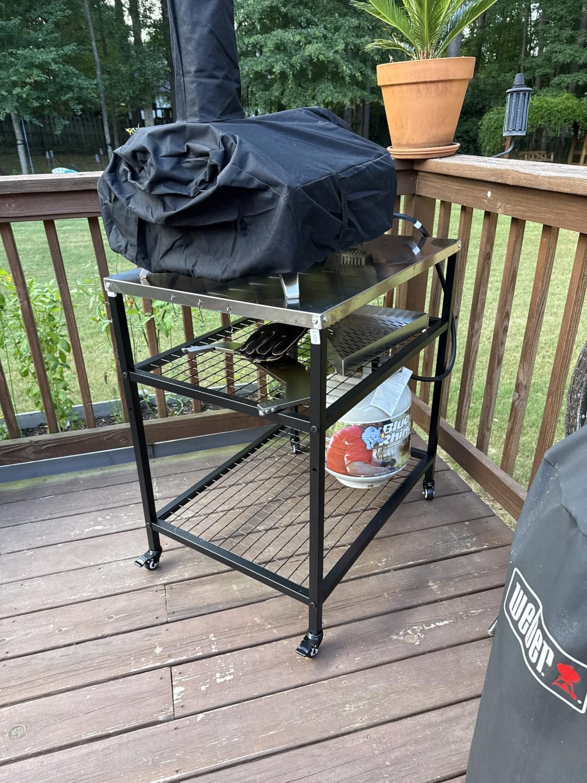 Stainless Steel Outdoor Grill Cart Pizza Oven Stand Trolley Table with Wheels Three-Shelf Movable Food Prep and Work Table Heavy Duty Grill Carts Outdoor Cart 31.5