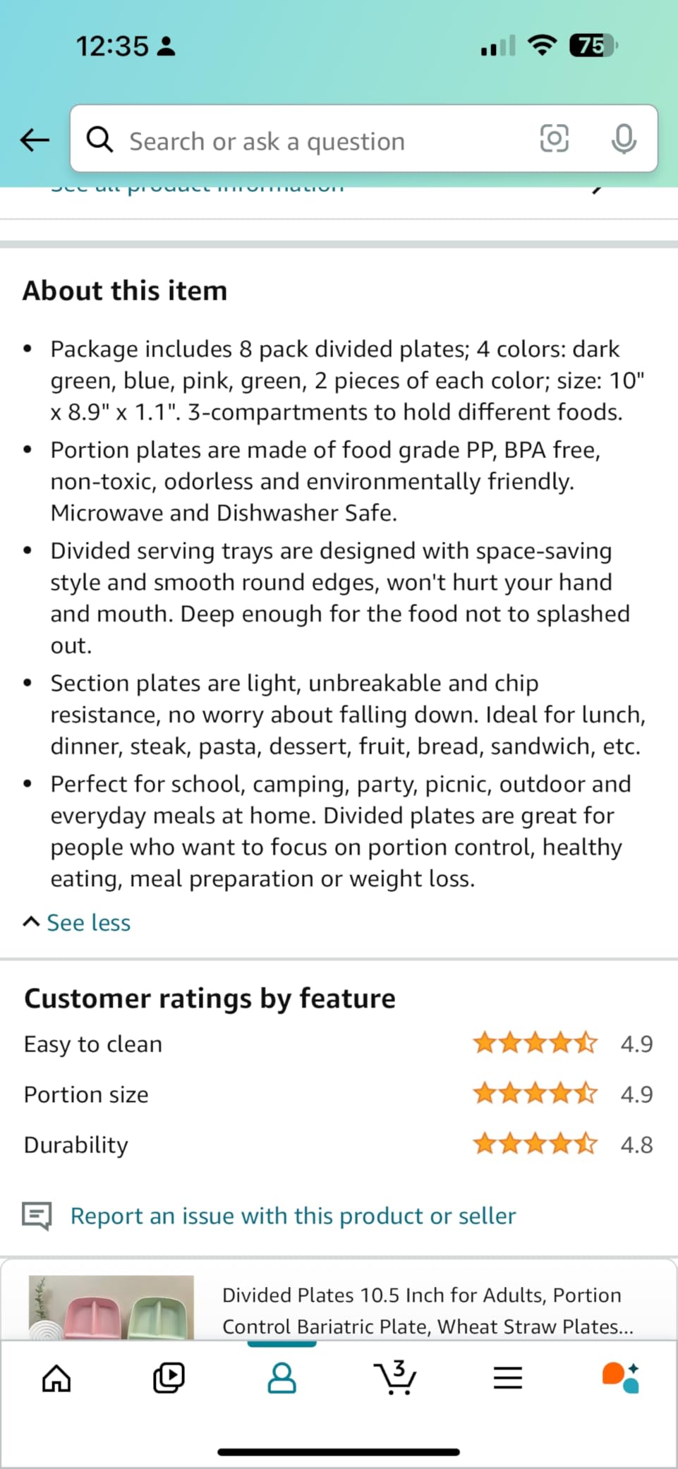 Nicunom 8 Pack Unbreakable Divided Plates, 10 Inch Portion Control Plates, Reusable 3-Compartment Dinner Plate For for Healthy Eating & Bariatric Diet, Microwave And Dishwasher Safe customer photo 2