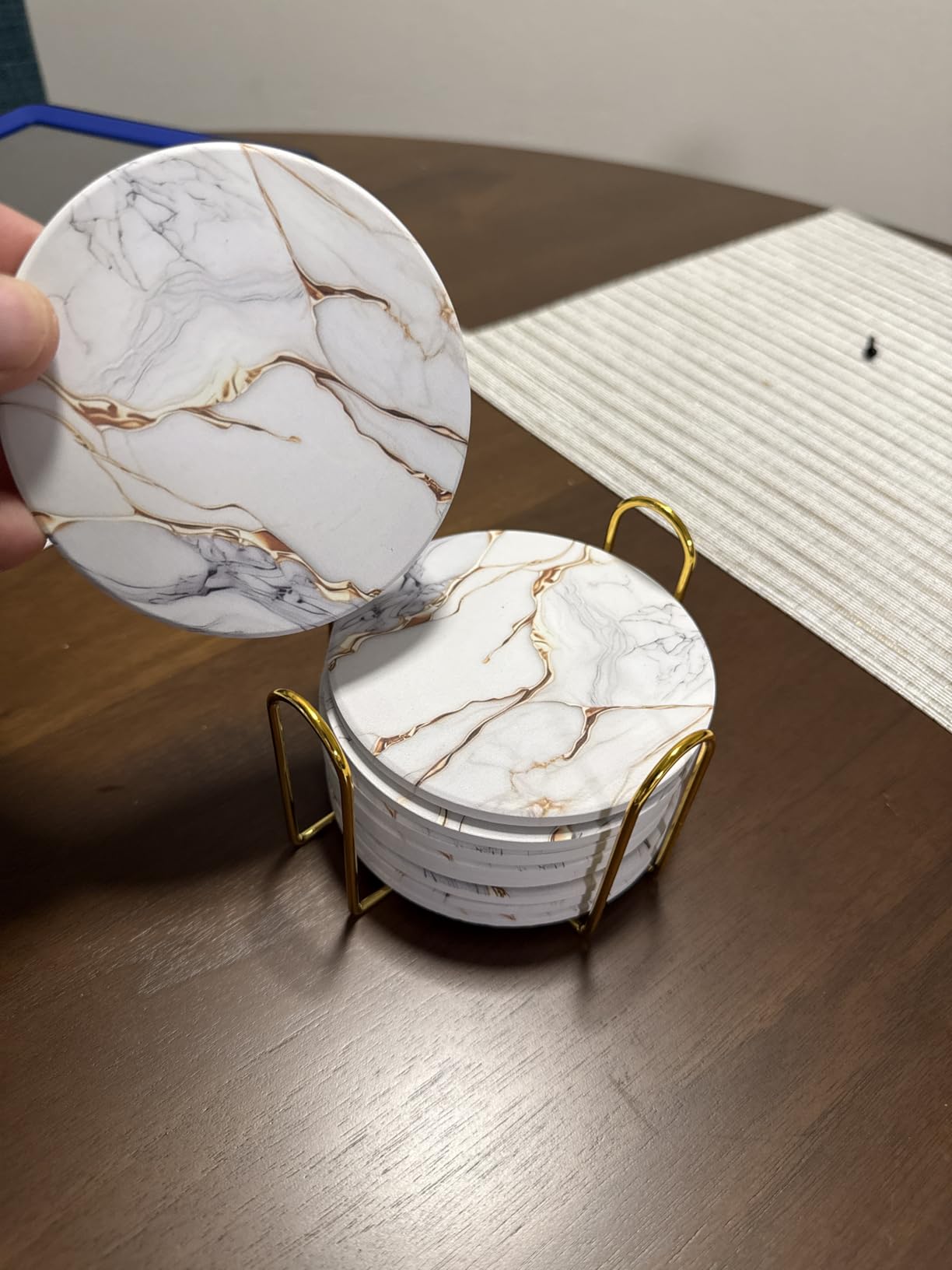 Billbotk 9 Pieces Ceramic Coasters for Drinks with Holder, Absorbent Drink Coasters for Coffee Table, Marble Style Coasters Wooden Table, Suitable for Kinds of Cups, 4 Inches customer photo 1