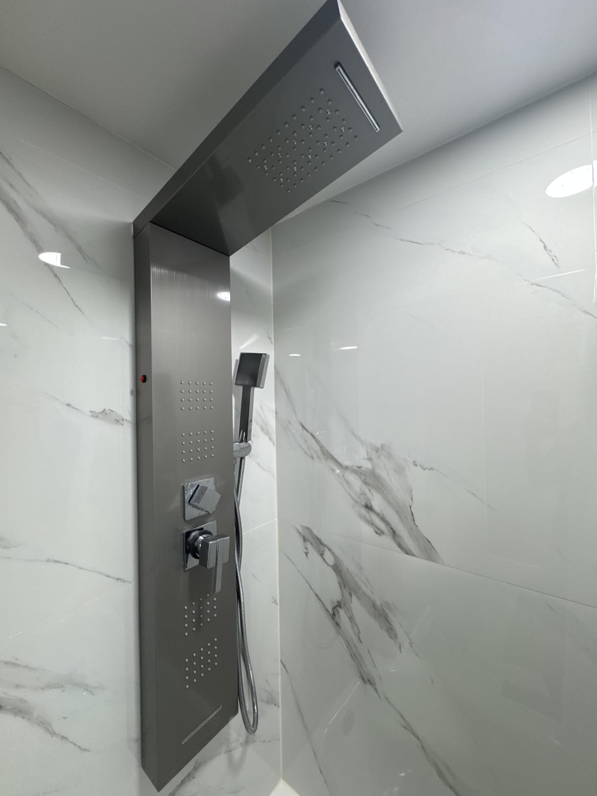 ROVOGO LED Shower Panel Tower System with Lights, 5 Shower Modes, 46.5 Inch | Rainfall Waterfall Shower Head, 4 Body Jets, Handheld and Tub Spout, Stainless Steel Shower Column with Brass Valves, Brushed customer photo 1