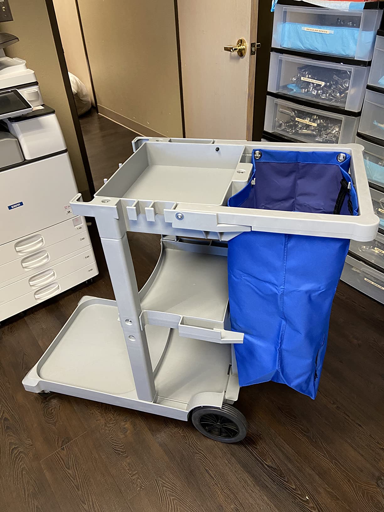 Dryser Commercial Janitorial Cleaning Cart on Wheels with Shelves and Vinyl Bag & Commercial Mop Bucket with Side Press Wringer, 26 Qt. Blue customer photo 1