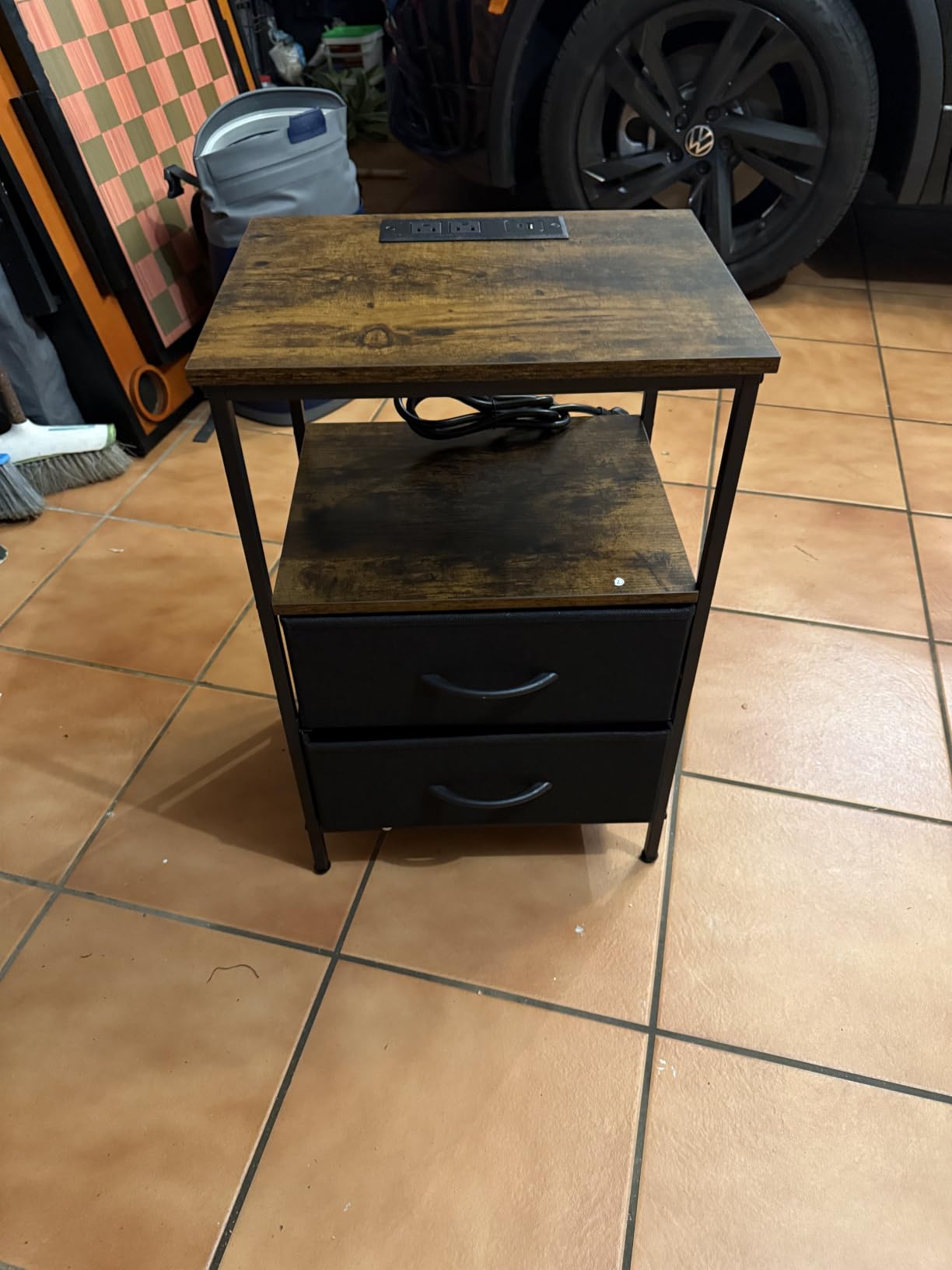 Huuger Nightstand with Charging Station, Side Table with Fabric Drawers, End Table with Open Shelf, Bedside Table with USB Ports and Outlets, Rustic Brown and Black customer photo 1