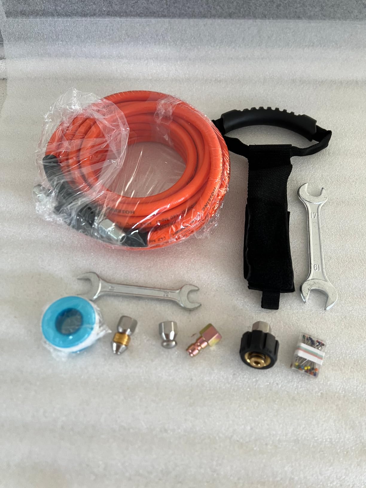 100FT Pressure Washer Sewer Jetter Kit, 5800 PSI Water Jet Drain Cleaner Hose with Corner Rotating Button Nose Nozzle, Sewer Jetting Nozzles Kit with Spanner Handle Strap customer photo 2
