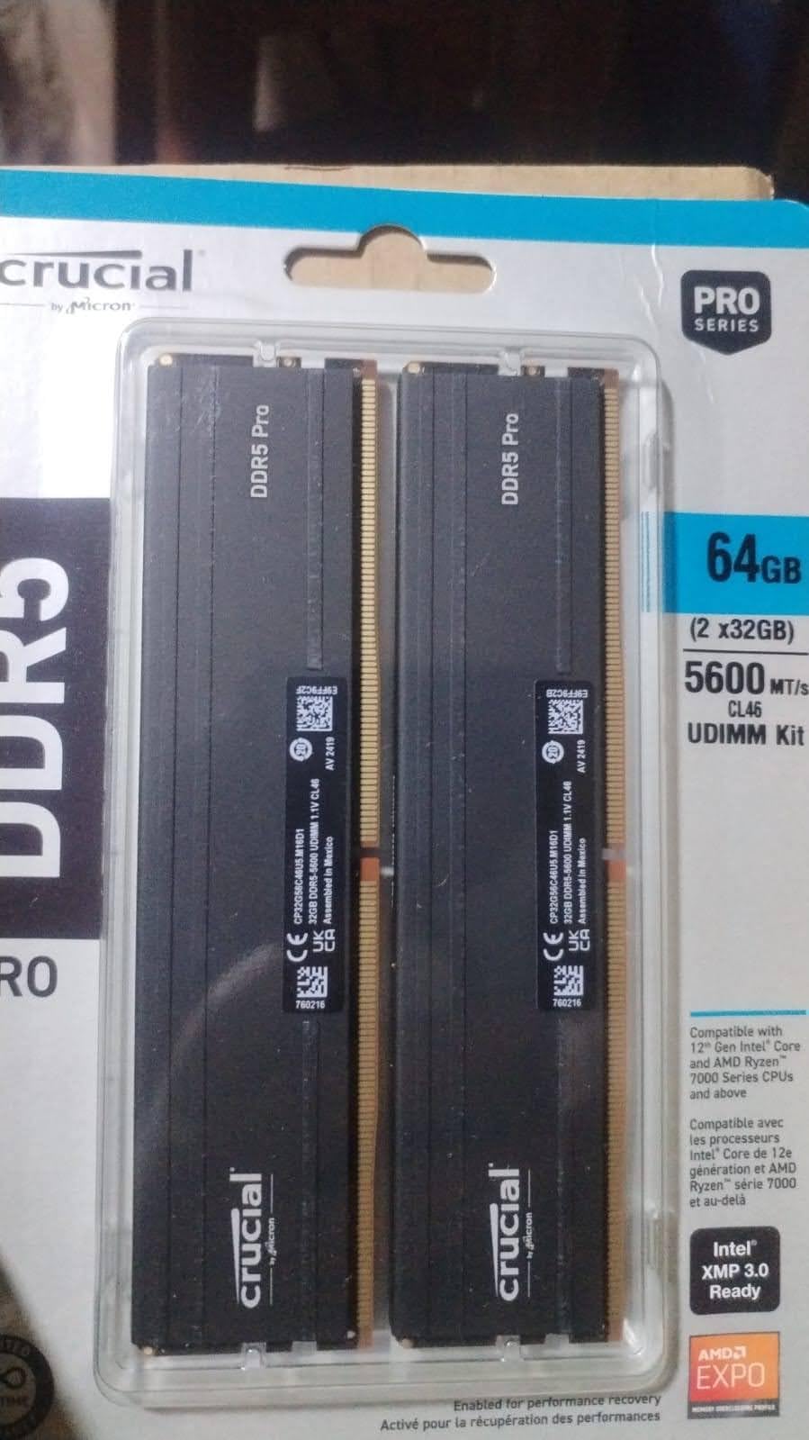 Crucial Pro 64GB DDR5 RAM Kit (2x32GB), 5600MHz (or 5200MHz or 4800MHz) Desktop Memory UDIMM 288-pin, Compatible with 13th Gen Intel Core and AMD Ryzen 7000 - CP2K32G56C46U5 customer photo 1
