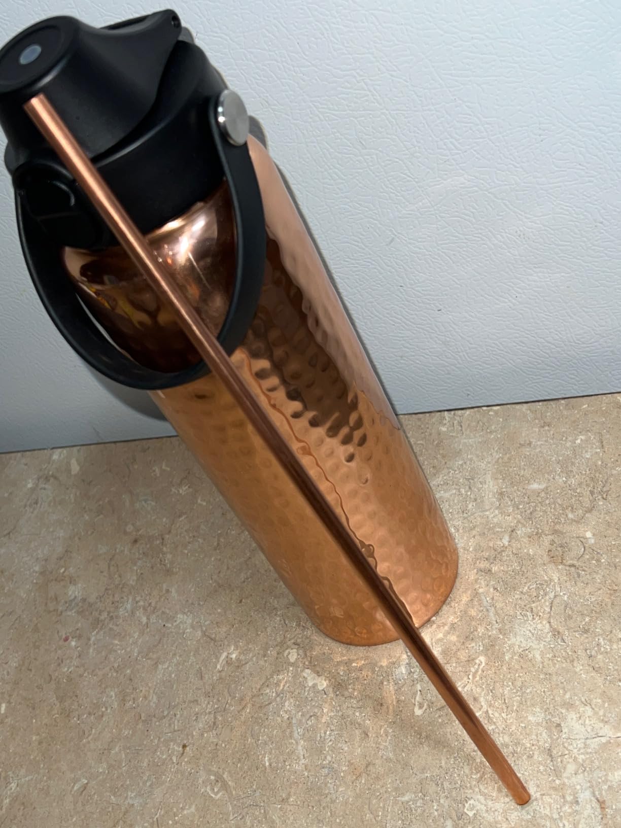 Kamojo Copper Water Bottle 32 oz, Push Button Lid, 100% Copper Cup, Straw & Insulating Sleeve for Drinking Water, Handcrafted Ayurvedic Design customer photo 1