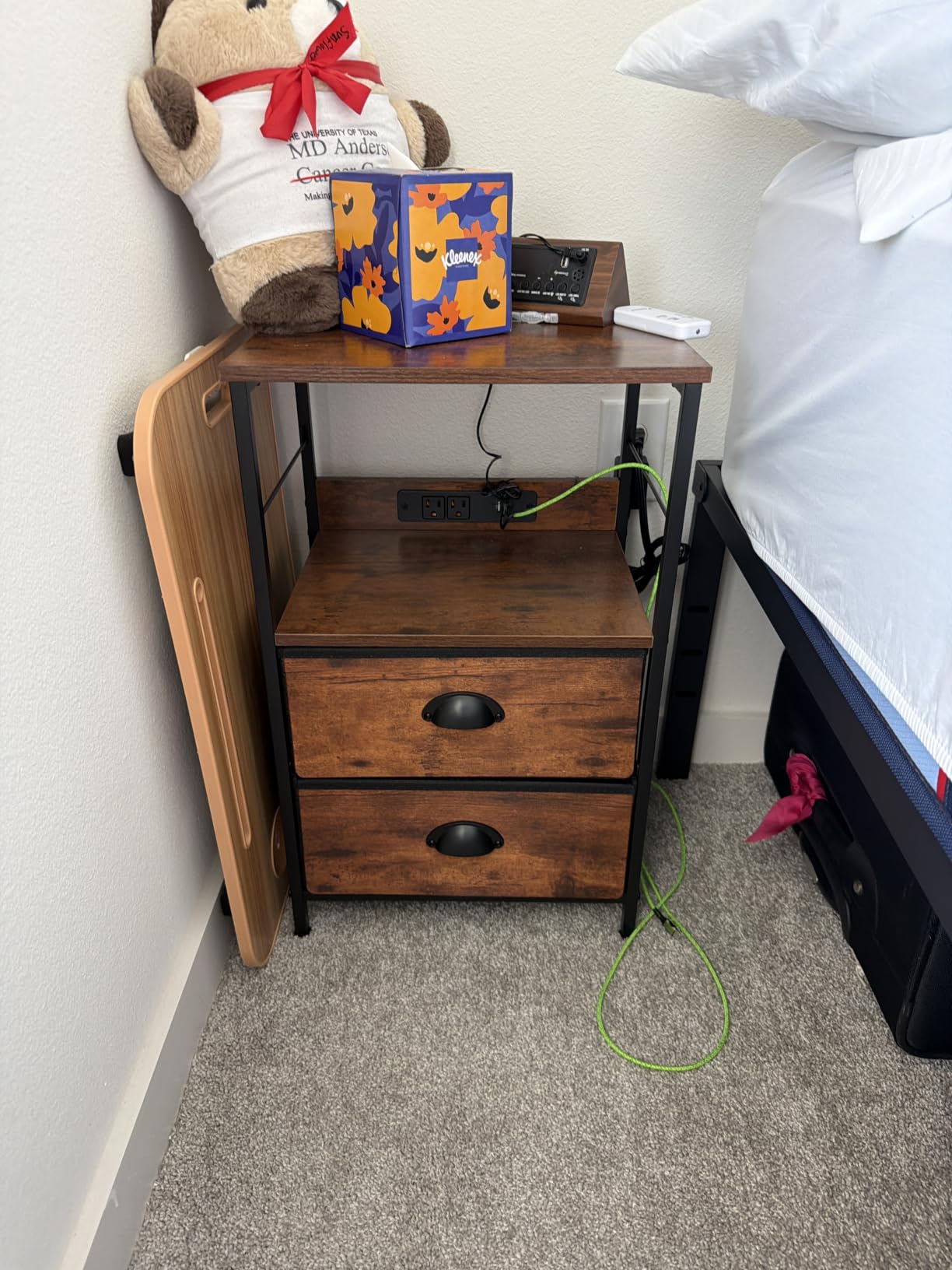Furologee End Table with Charging Station, Nightstand with Fabric Drawers, Side Tables with USB Ports & Outlets, Night Stand with Storage Shelf & Hooks, White customer photo 1