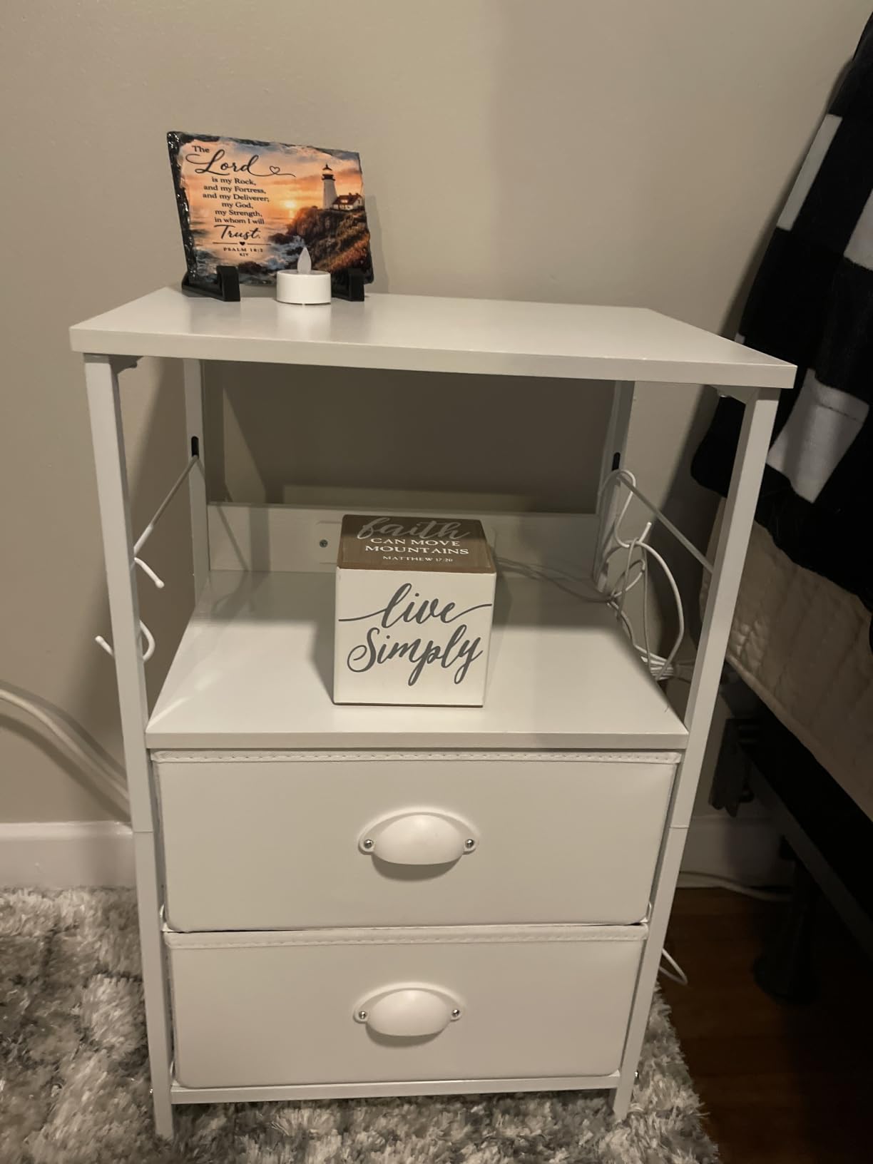 Furologee End Table with Charging Station, Nightstand with Fabric Drawers, Side Tables with USB Ports & Outlets, Night Stand with Storage Shelf & Hooks, White customer photo 2