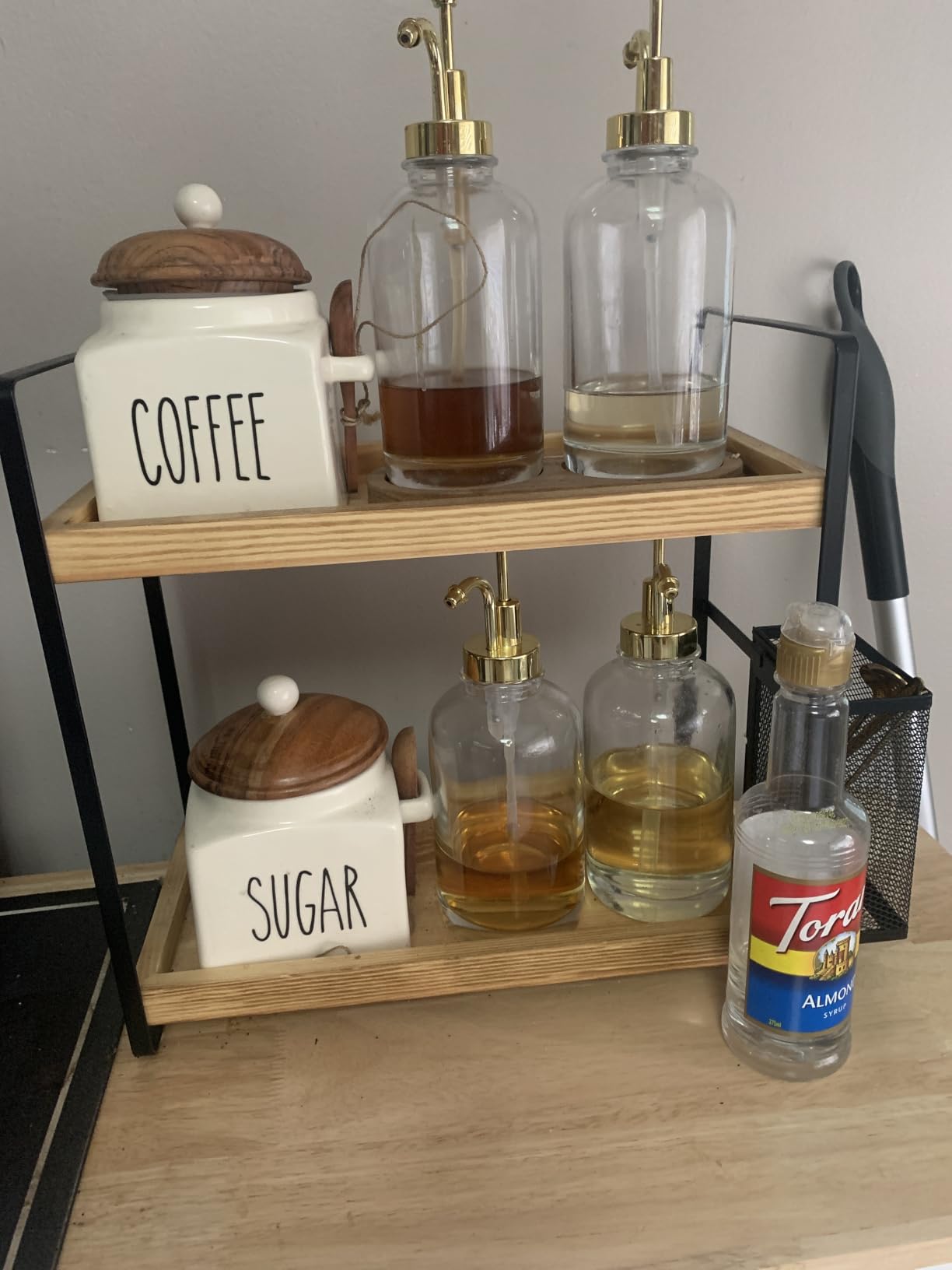 LEMIKKLE 2-Tier Coffee Bar Organizer With Basket,Wooden Counter Shelf for Coffee Bar Accessories,Kitchen Spice Rack Organizer for Countertop-Brown customer photo 1