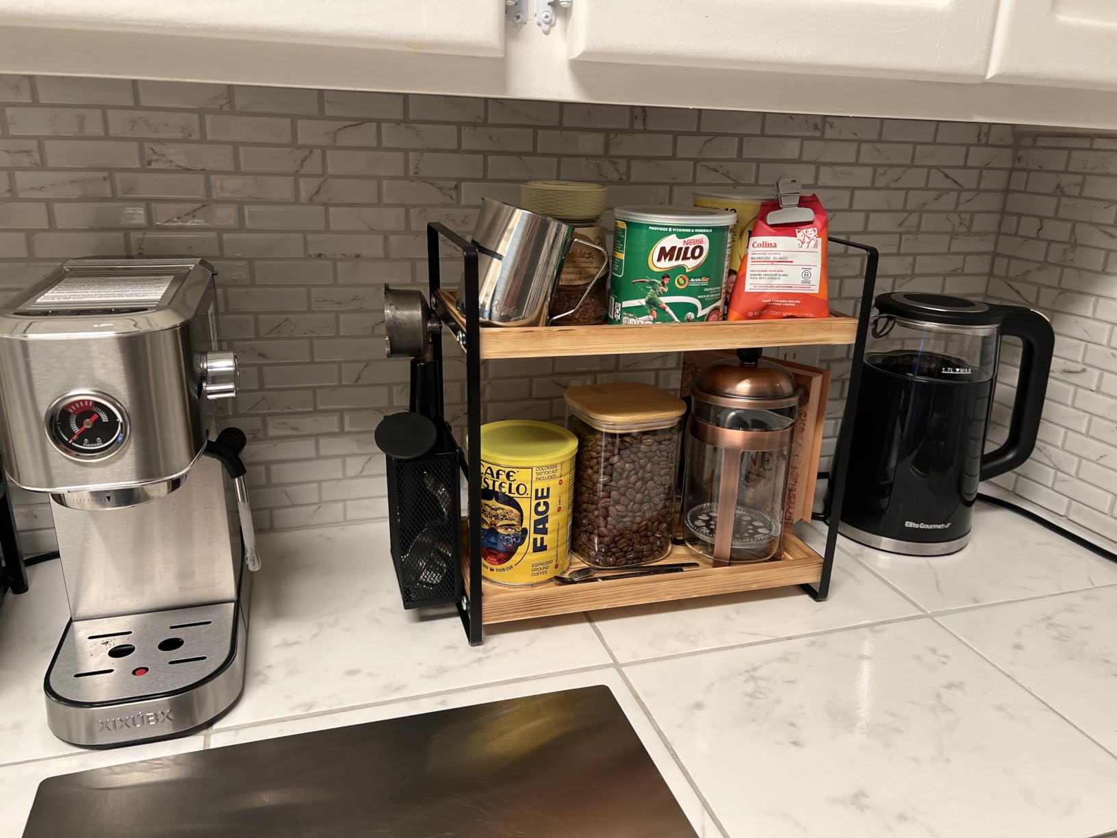 LEMIKKLE 2-Tier Coffee Bar Organizer With Basket,Wooden Counter Shelf for Coffee Bar Accessories,Kitchen Spice Rack Organizer for Countertop-Brown customer photo 2