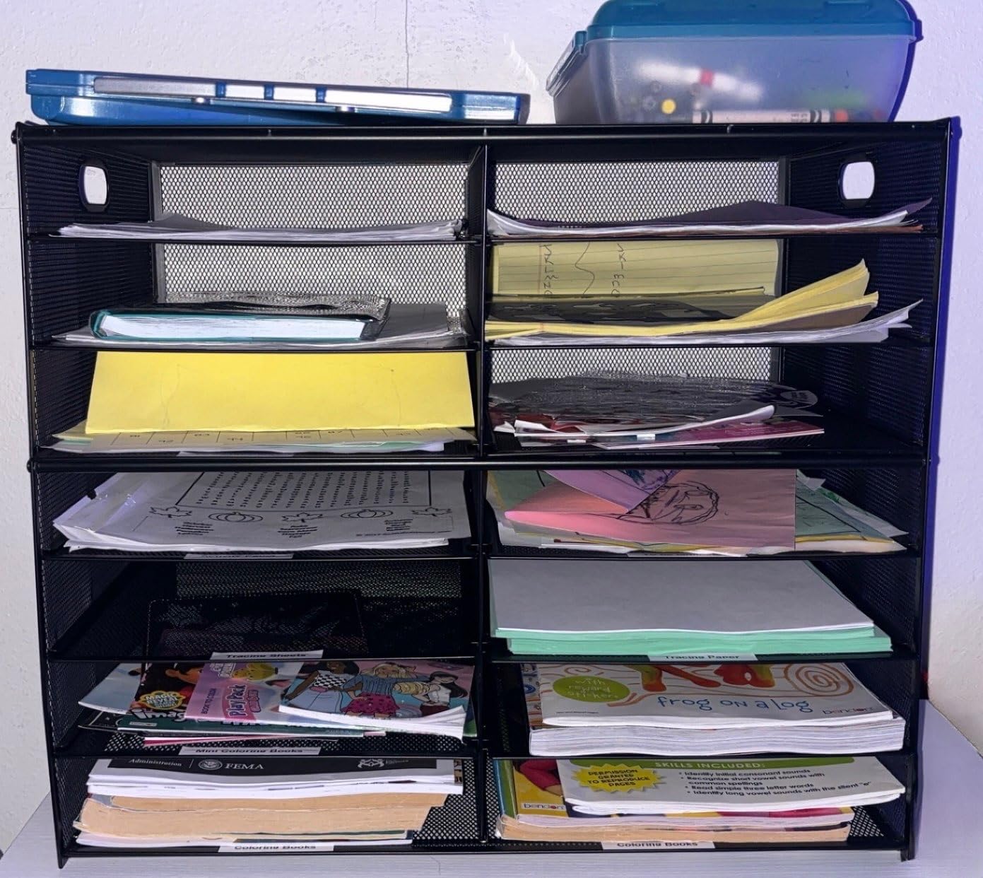 Lavatino 14 Compartments Paper Organizer for Desk, Mesh Literature Organizer, Mail File Sorter Tray with Handle, Desktop Mailbox for Office Classroom Home, Black customer photo 2