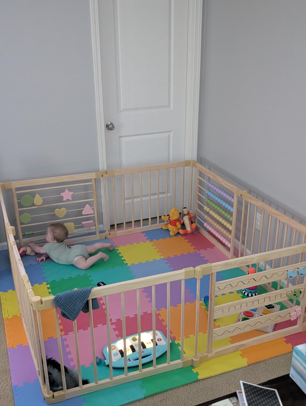 ZETY Natural Wood Baby Playpen, 10 Panel Foldable Play Yard, Door & Toys customer photo 2