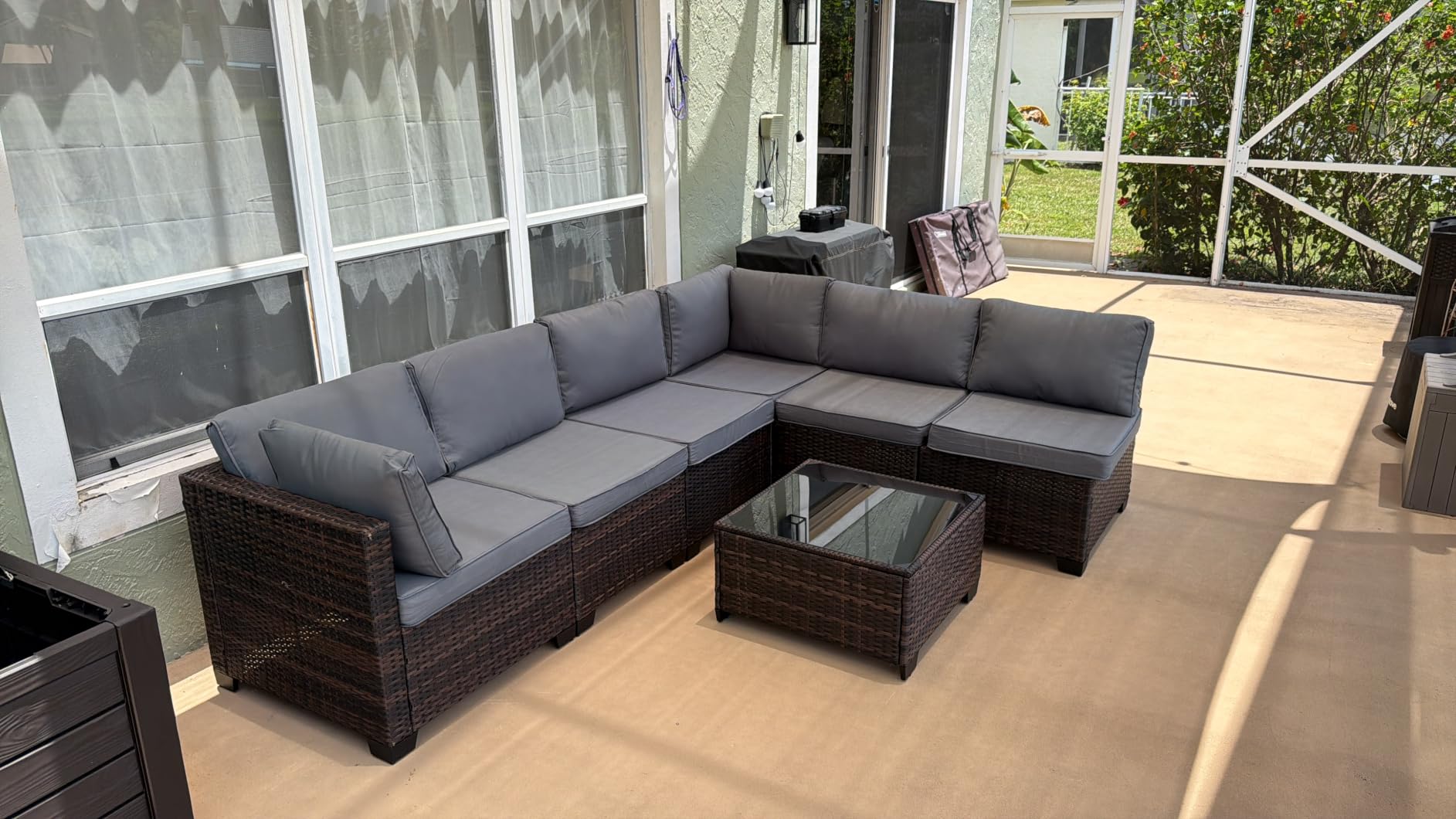 Qsun 7 Pieces Outdoor Patio Furniture Set, PE Rattan Outdoor Wicker Sectional Furniture Sofa Set, with Cushions and Glass Coffee Table, for Balcony, Porch, Garden, Grey customer photo 2