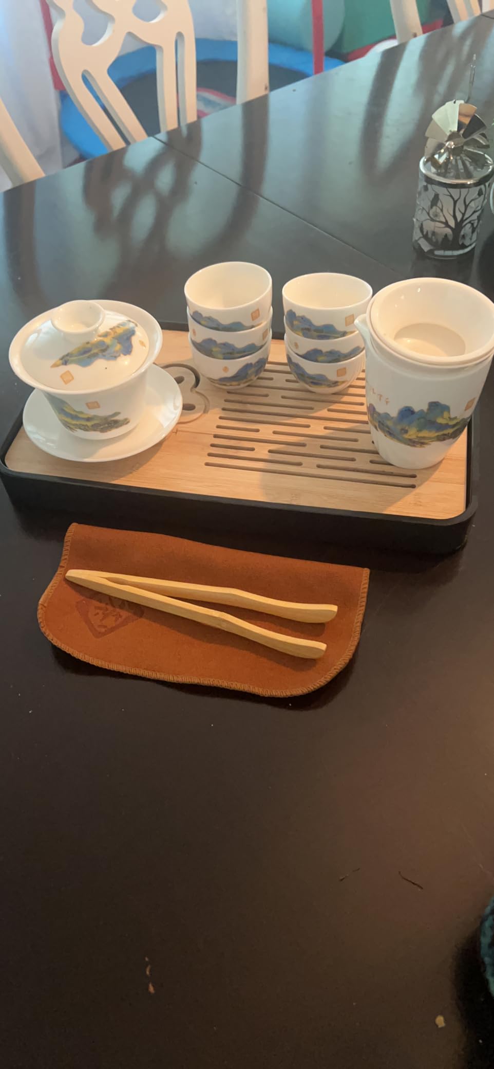 LURRIER Gongfu tea sets, Portable Ceramic TeaSet, Asian Tea sets for adult, Tea Gift sets, Grey leather case, Portable Travel Bag,Home,Gifting,Outdoor and Office(White Jade Thouand Mile and Mountain) customer photo 2