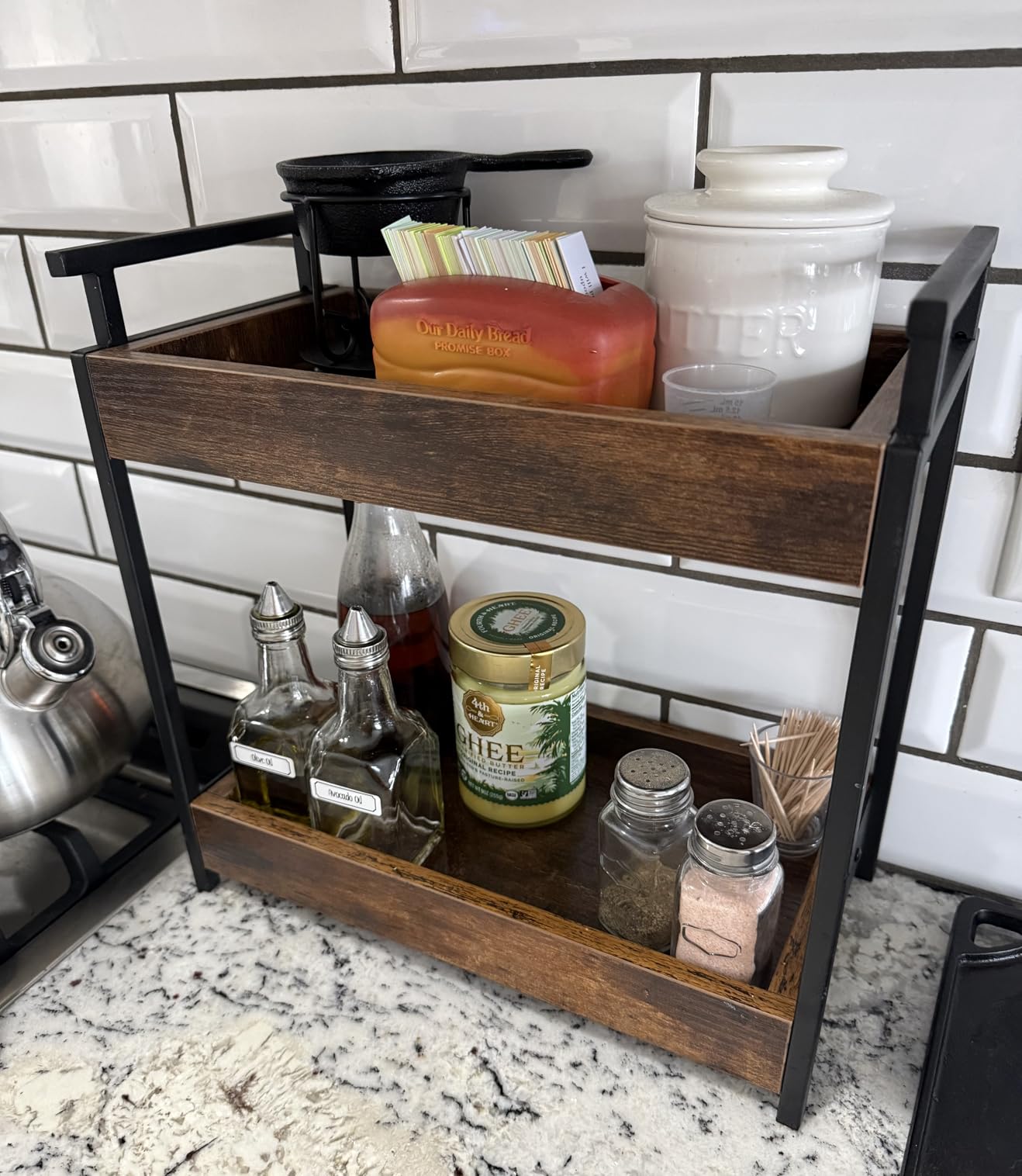 KLM Countertop Coffee Station Organizer, 2 Tier Wooden Shelf for Coffee Bar Accessories, Condiment Storage Caddy for Kitchen, Bathroom Counter Organizer, Home, Office - Brown customer photo 2