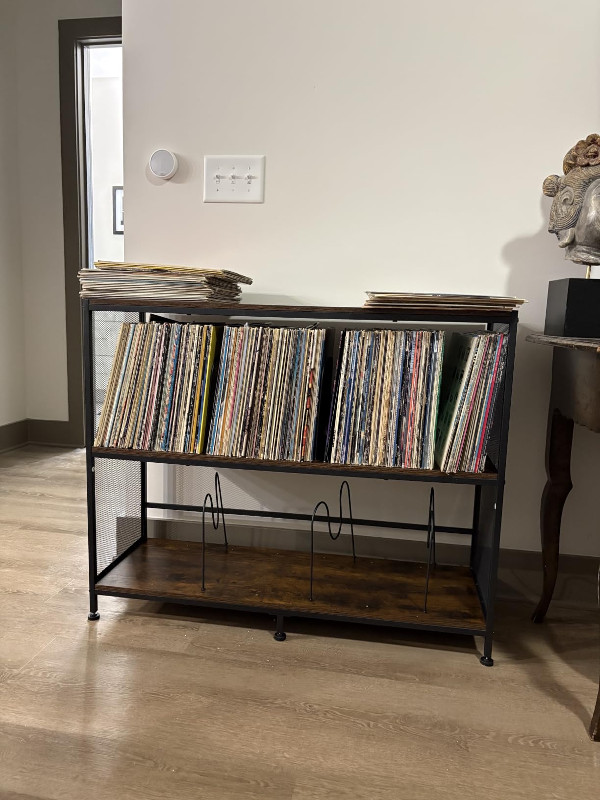 3-Tier Vinyl Record Storage: Vintage Player Table with Spacious Storage - Up to 450 Records, Turntable Stand with Adjustable Dividers, Extra Top Surface for Audio Equipment, Perfect for Living Room customer photo 1