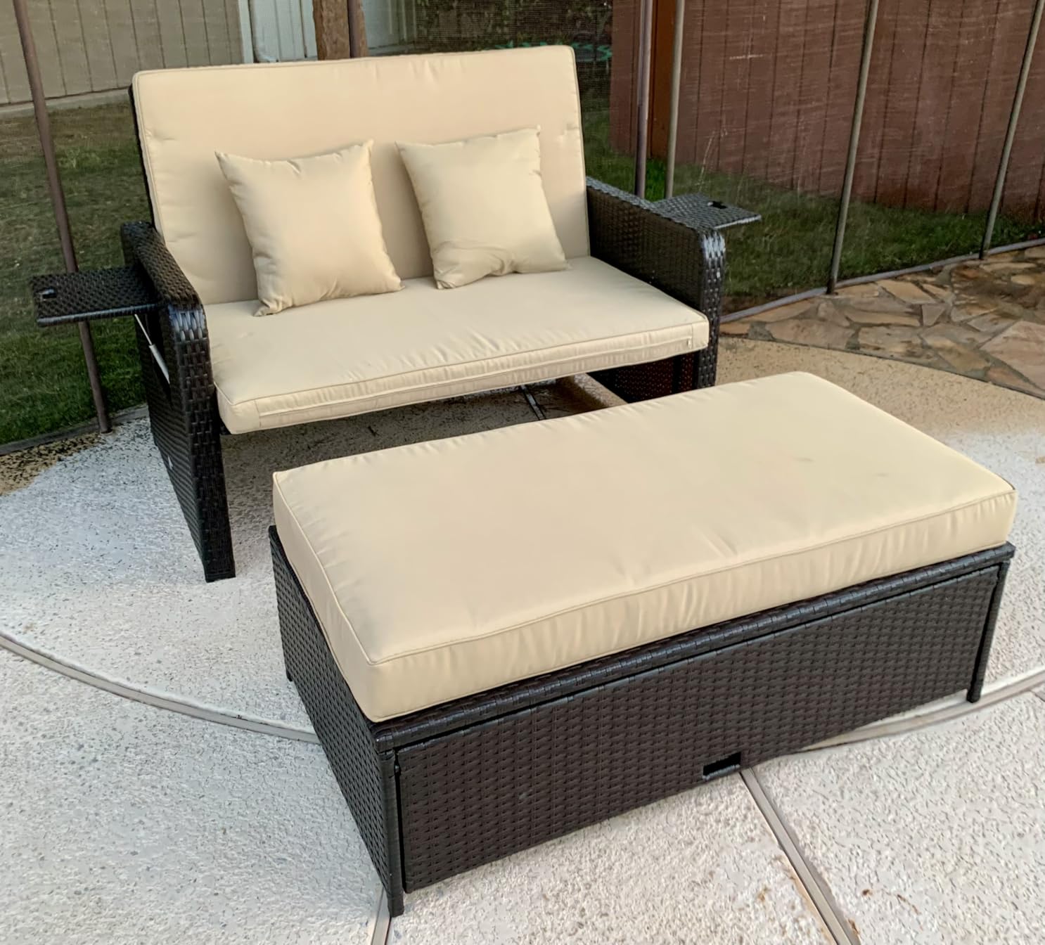 LDAILY Moccha Outdoor Daybed, Wicker Loveseat Sofa Set with 4-Postion Adjustable Backrest, Storage Ottoman, Cushions, Rattan Double Bed Lounger, Patio Furniture Set (Beige) customer photo 1