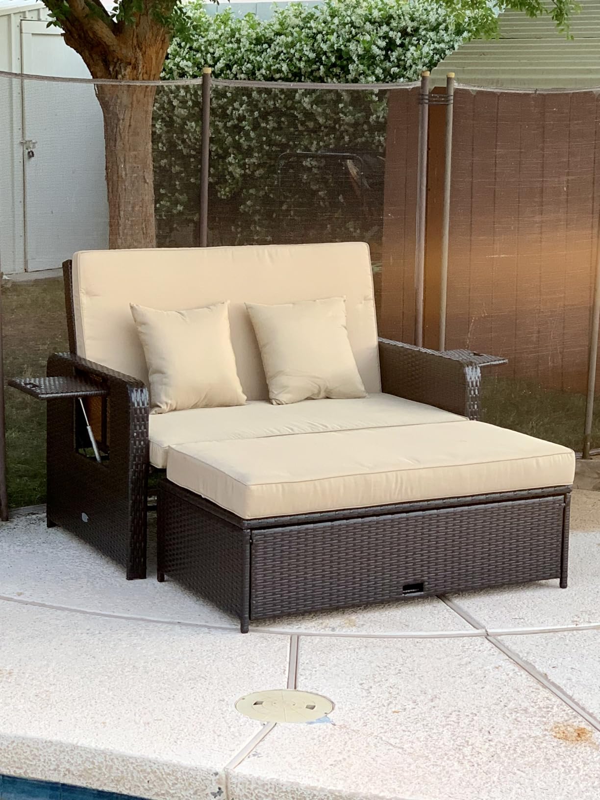 LDAILY Moccha Outdoor Daybed, Wicker Loveseat Sofa Set with 4-Postion Adjustable Backrest, Storage Ottoman, Cushions, Rattan Double Bed Lounger, Patio Furniture Set (Beige) customer photo 2