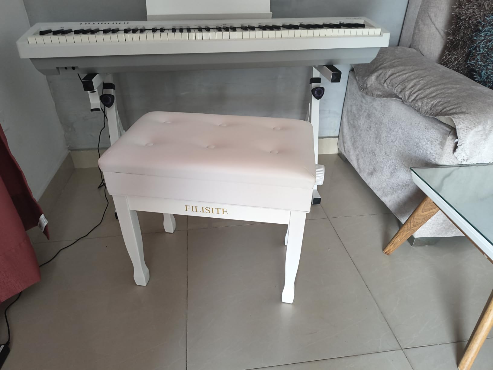 Adjustable Height Piano Bench Stool PU Leather Cushion Wooden Keyboard Seat with Music Storage (Black) customer photo 2