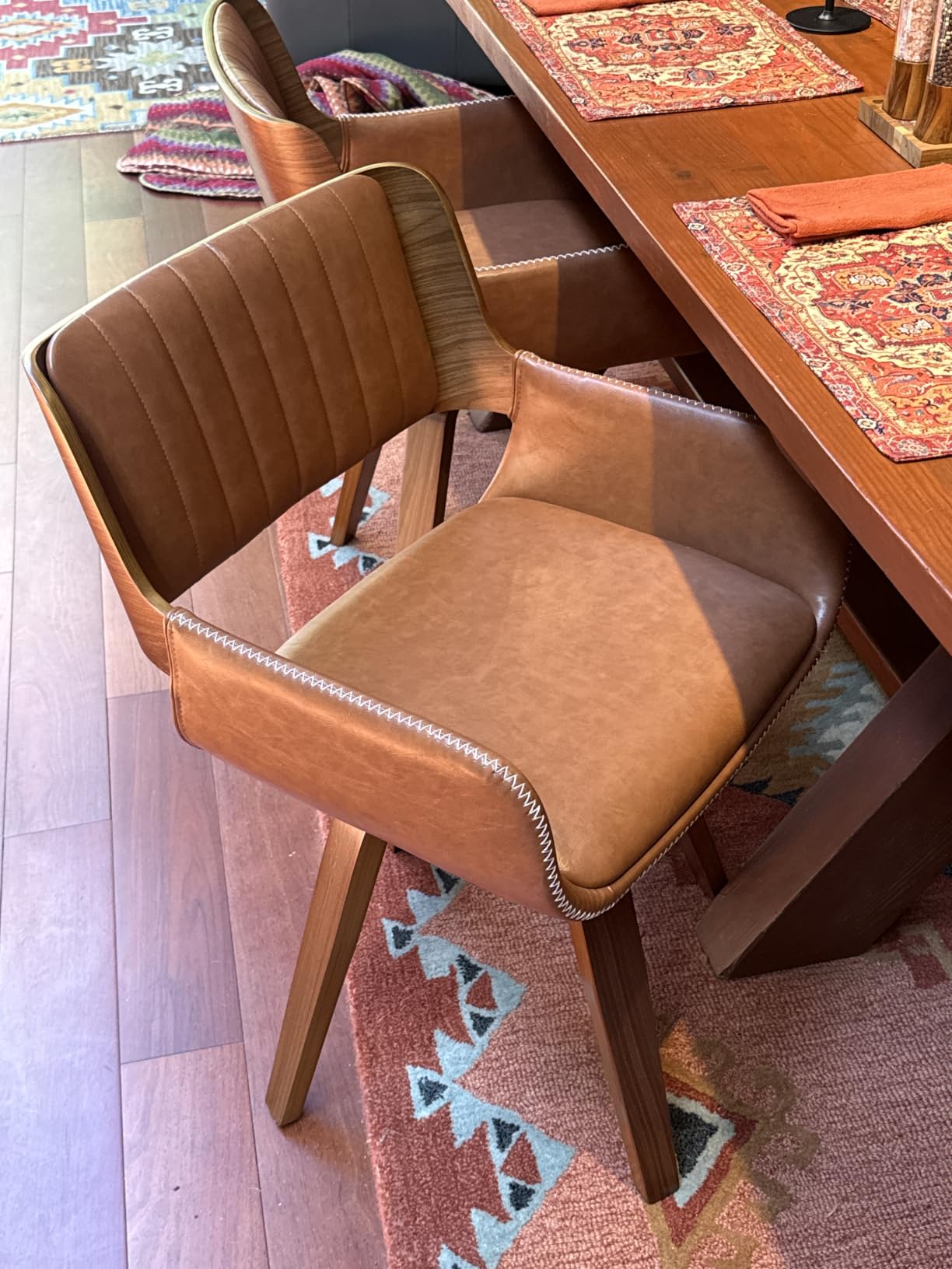 LUNLING Swivel Accent Faux Leather Dining Chairs Set of 2 Mid Century Modern Chairs with Wooden Legs/Armrest/Upholstered Seat/Adjustable Foots for Kitchen Dining Room Desk Chairs(Brown) customer photo 1
