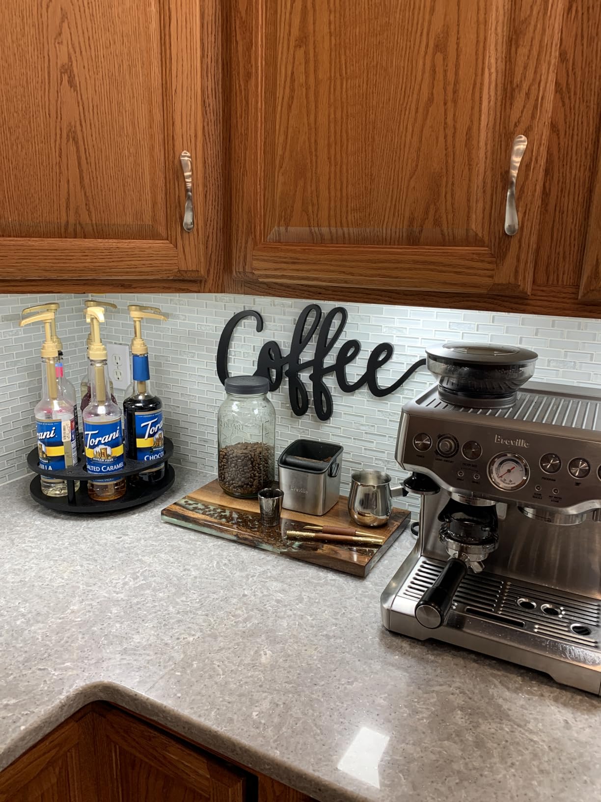 THYGIFTREE Rotating Coffee Syrup Organizer for Countertop, 9-Bottle Wooden Syrup Rack & Bottle Holder for Coffee Bar Station, Turntable Display Stand, Black customer photo 2