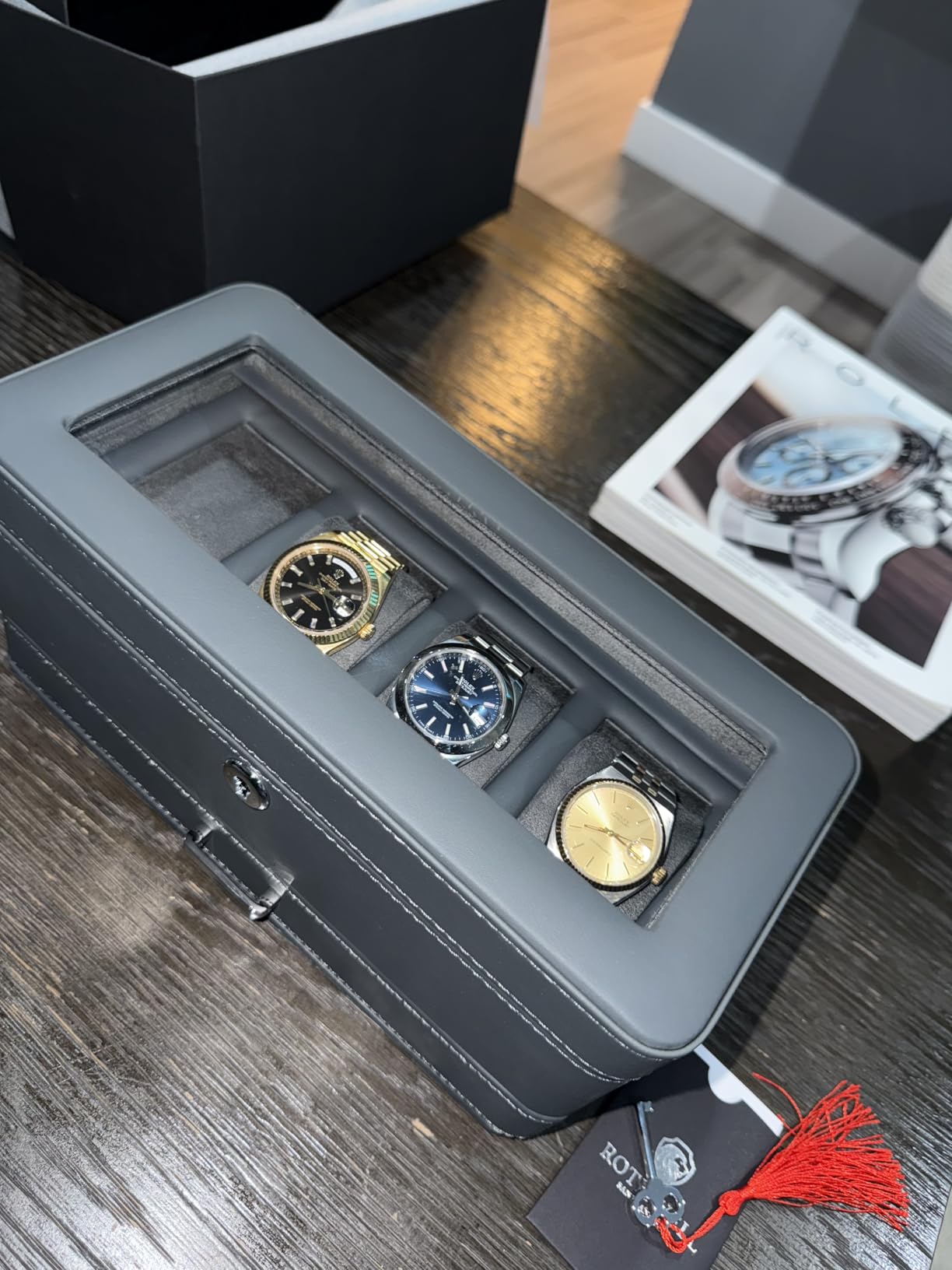 ROTHWELL 4 Slot Leather Watch Box with Valet Drawer - Luxury Case Display Jewelry Organizer, Locking Display Case Holder with Real Glass Top - Watch Box Organizer for Men & Women (Tan) customer photo 1