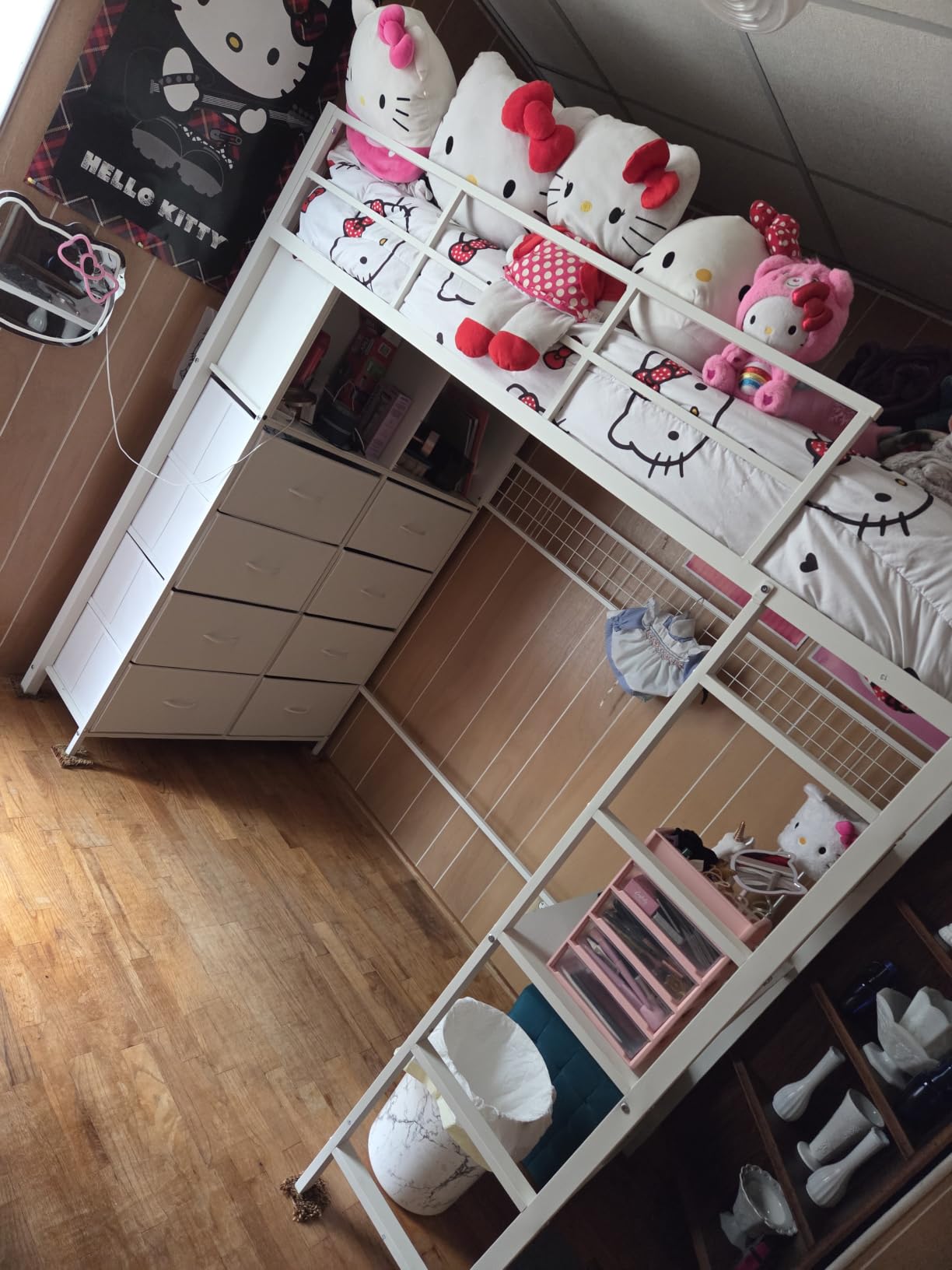 ADORNEVE Twin Loft Bed with Desk, 8 Storage Drawers,LED Lights, White | Metal Kids Loft Bed with Charging Sation, Storage Shelves, 13.1